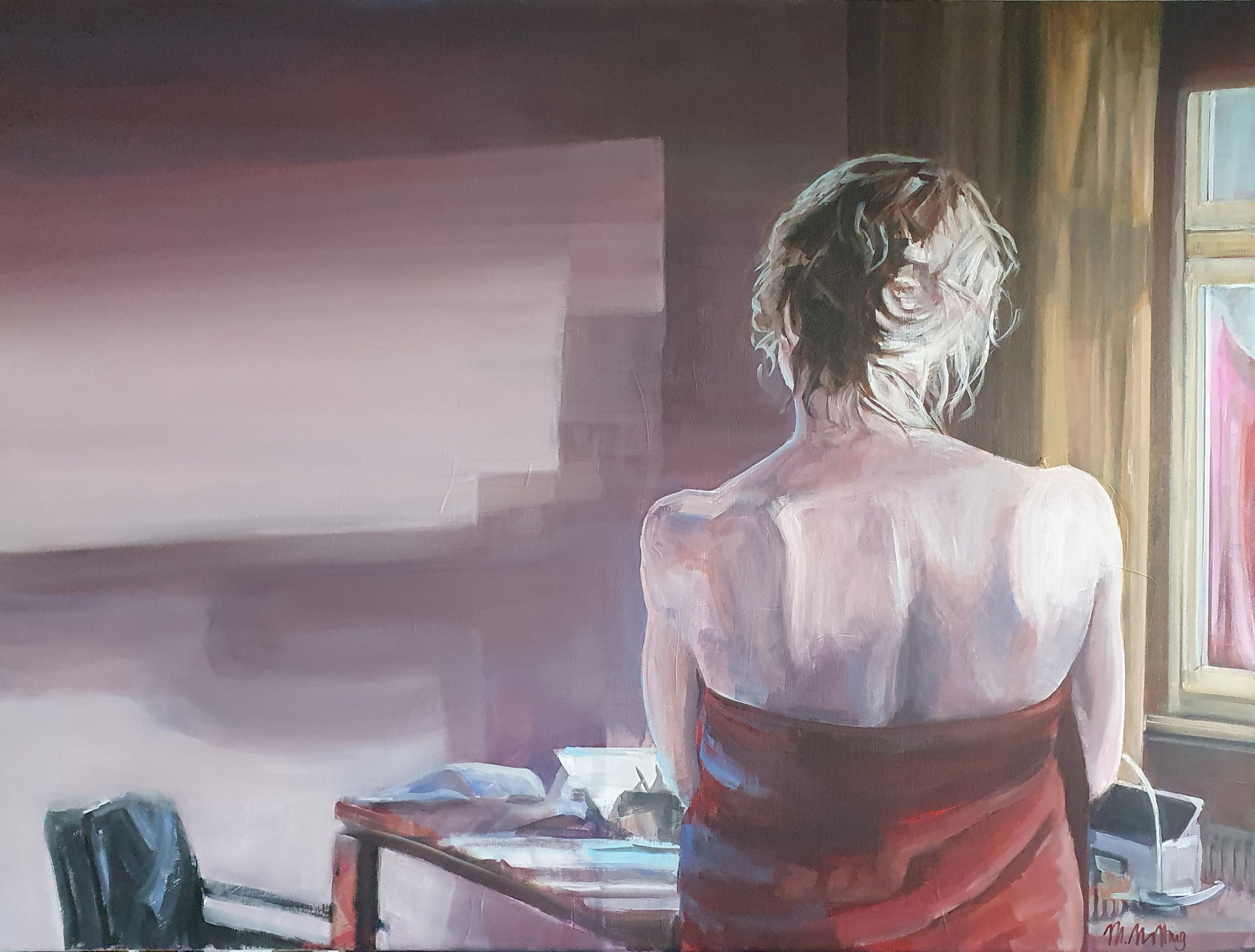 Figuratives Gemälde "Homeoffice", Acryl auf Leinwand (90x120 cm). Rückenansicht einer Frau vor einem Schreibtisch mit Laptop stehend.
