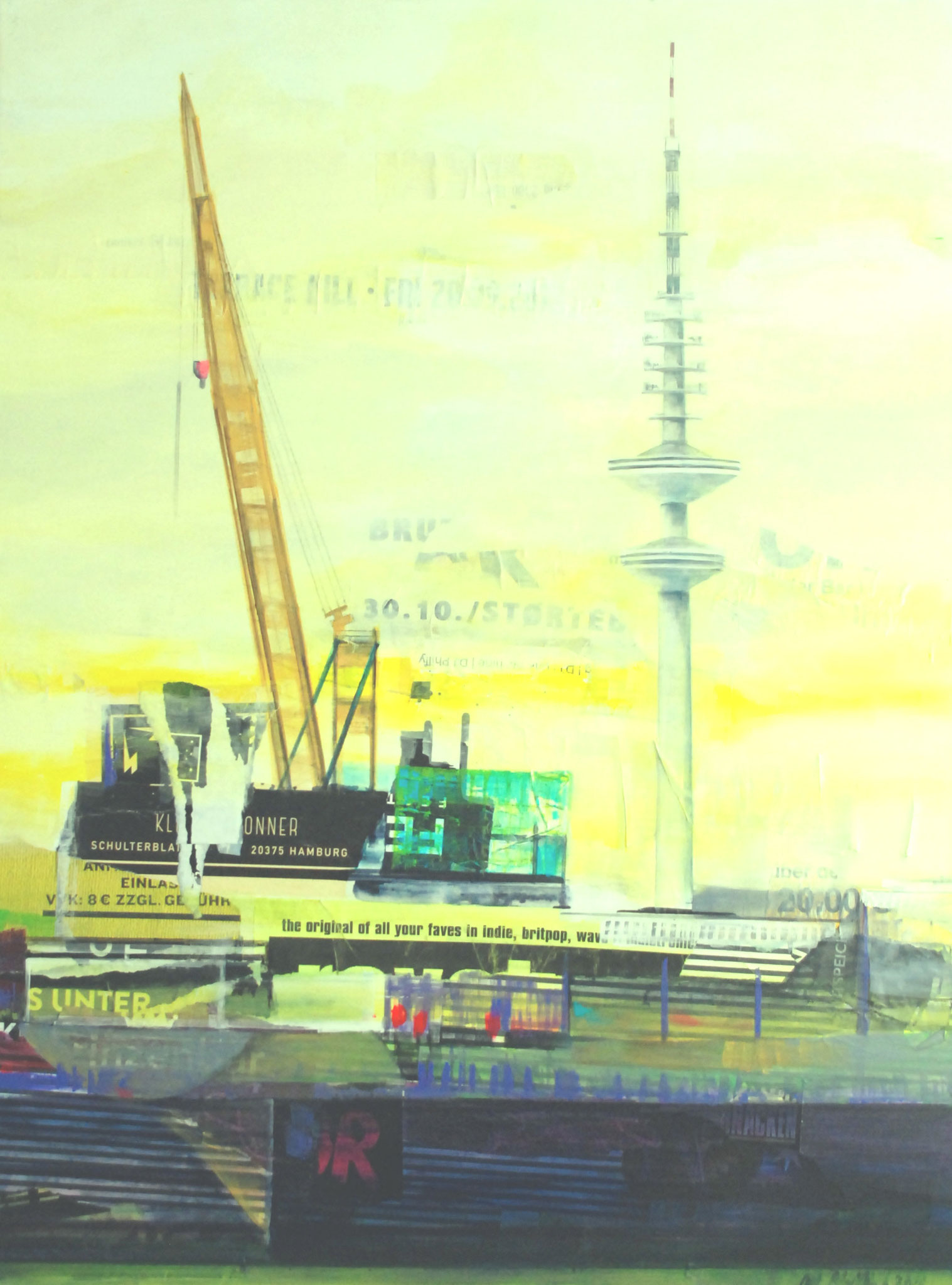 Hamburger Stadtmotiv "Hamburg in gelb und lila", Mixed Media auf Leinwand (120x90 cm). Der Heinrich-Hertz-Turm (Fernsehturm) und Hafenkräne vor gelbem Himmel.