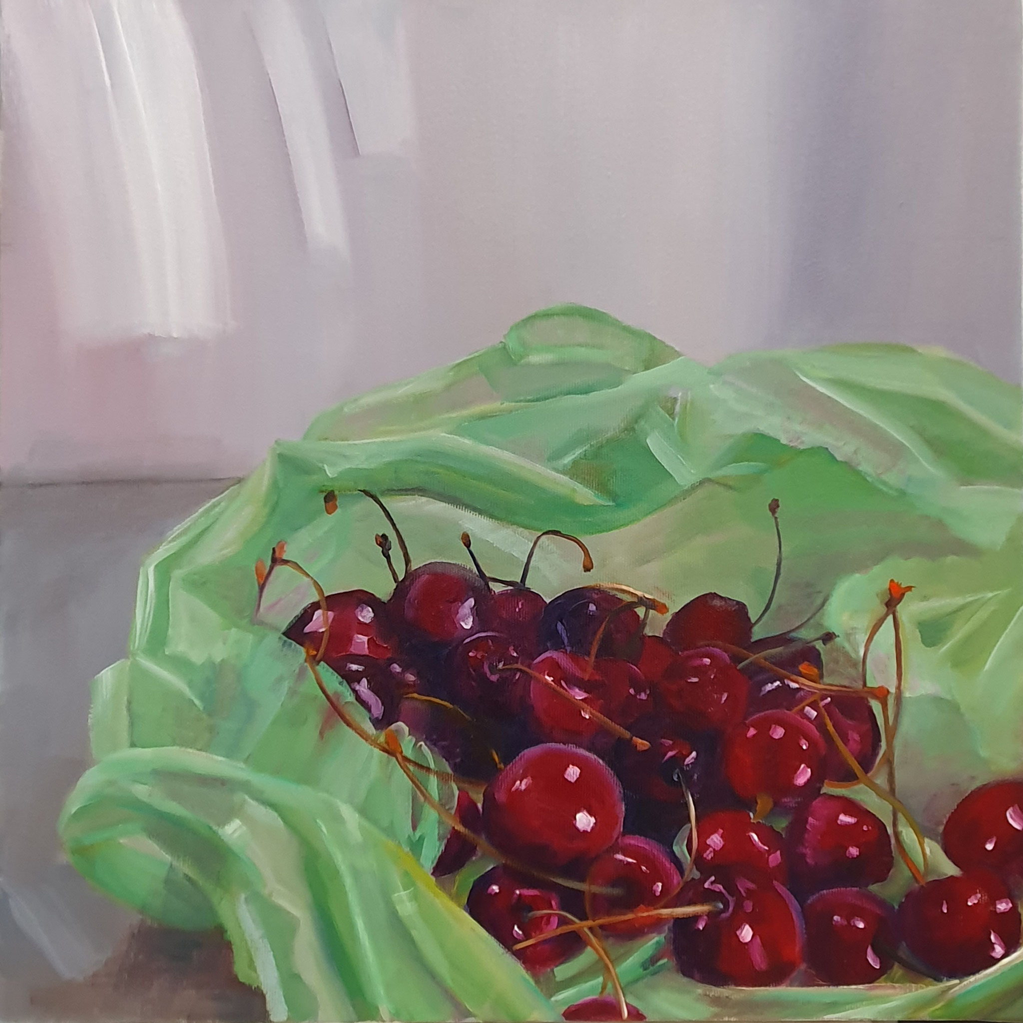 Modernes Stillleben "Cherries", Öl auf Leinwand (50x50 cm). Rote Kirschen in einer hellgrünen Plastiktüte.