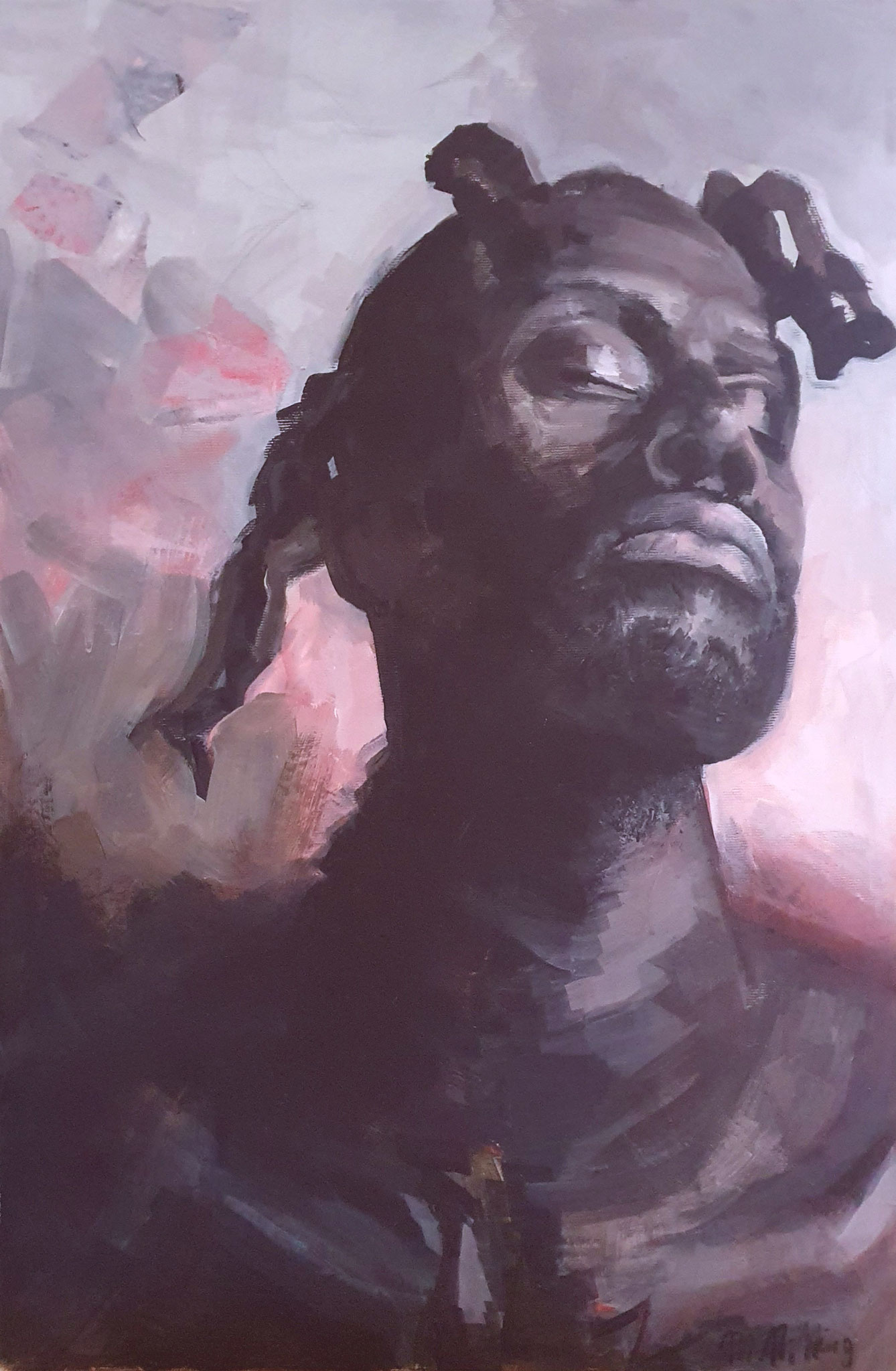 Figuratives Gemälde "Bantu Knots", Acryl & Collage auf Leinwand (60x40 cm). Porträt eines Mannes mit geflochtenen Bantu Knots und markantem Schattenwurf.