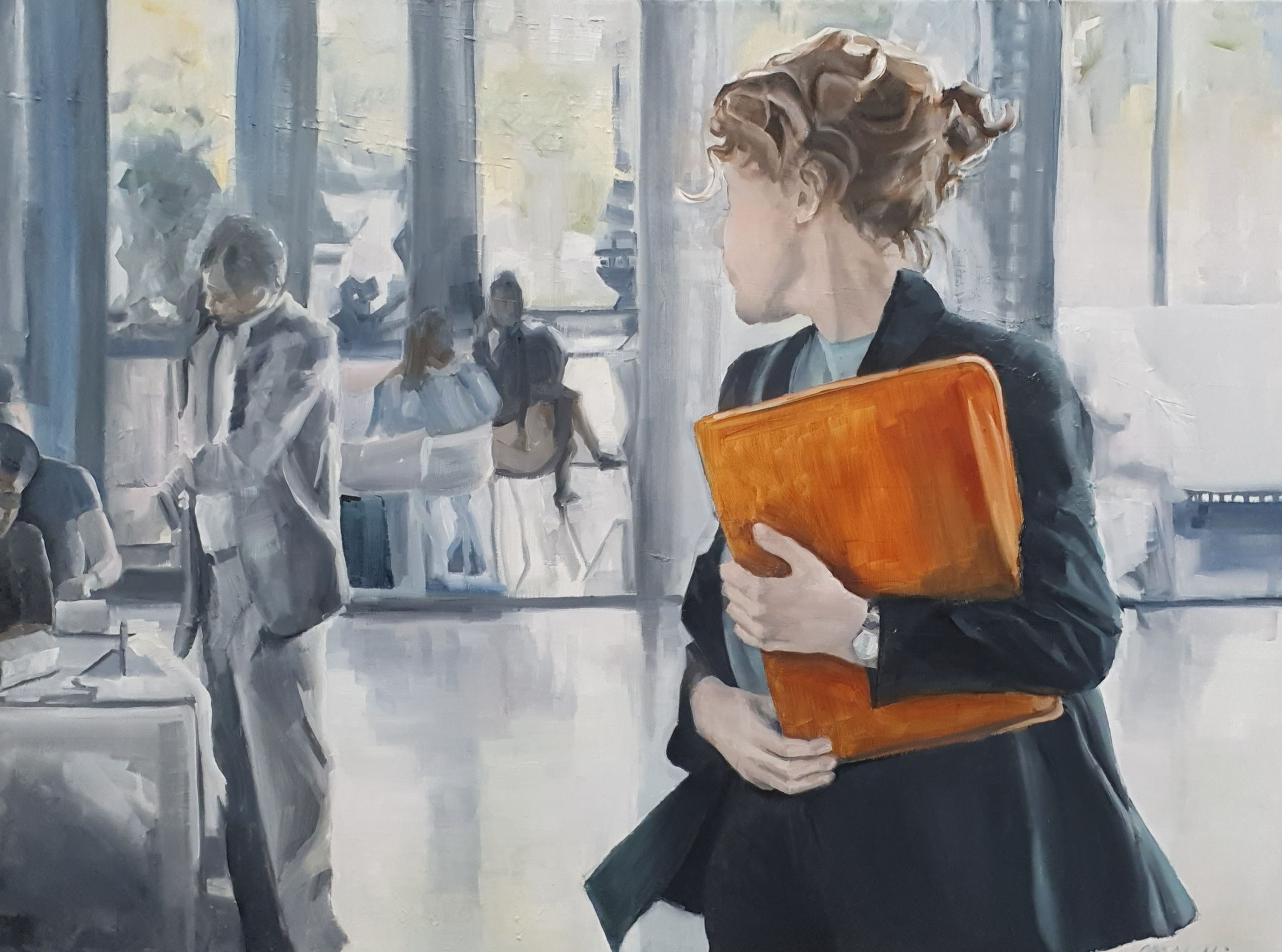 Figuratives Gemälde "Oder doch wieder ins Büro?", Öl & Collage auf Leinwand (90x120 cm). Eine Frau mit orangefarbener Mappe in einer Büroscene.