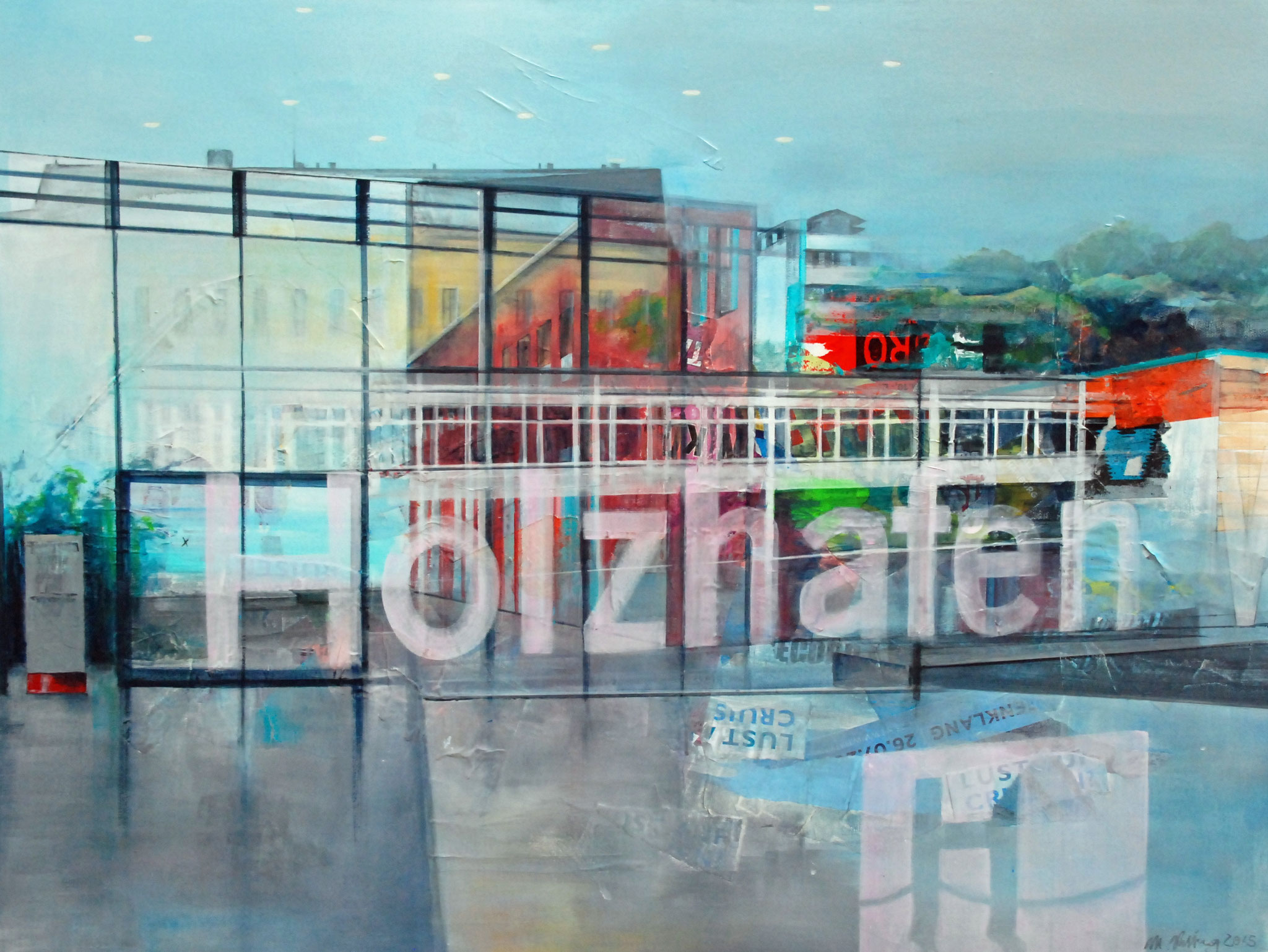 Mixed-Media-Gemälde der modernen Architektur am Hamburger Holzhafen mit dem großen, transparenten Schriftzug "Holzhafen" im Vordergrund.