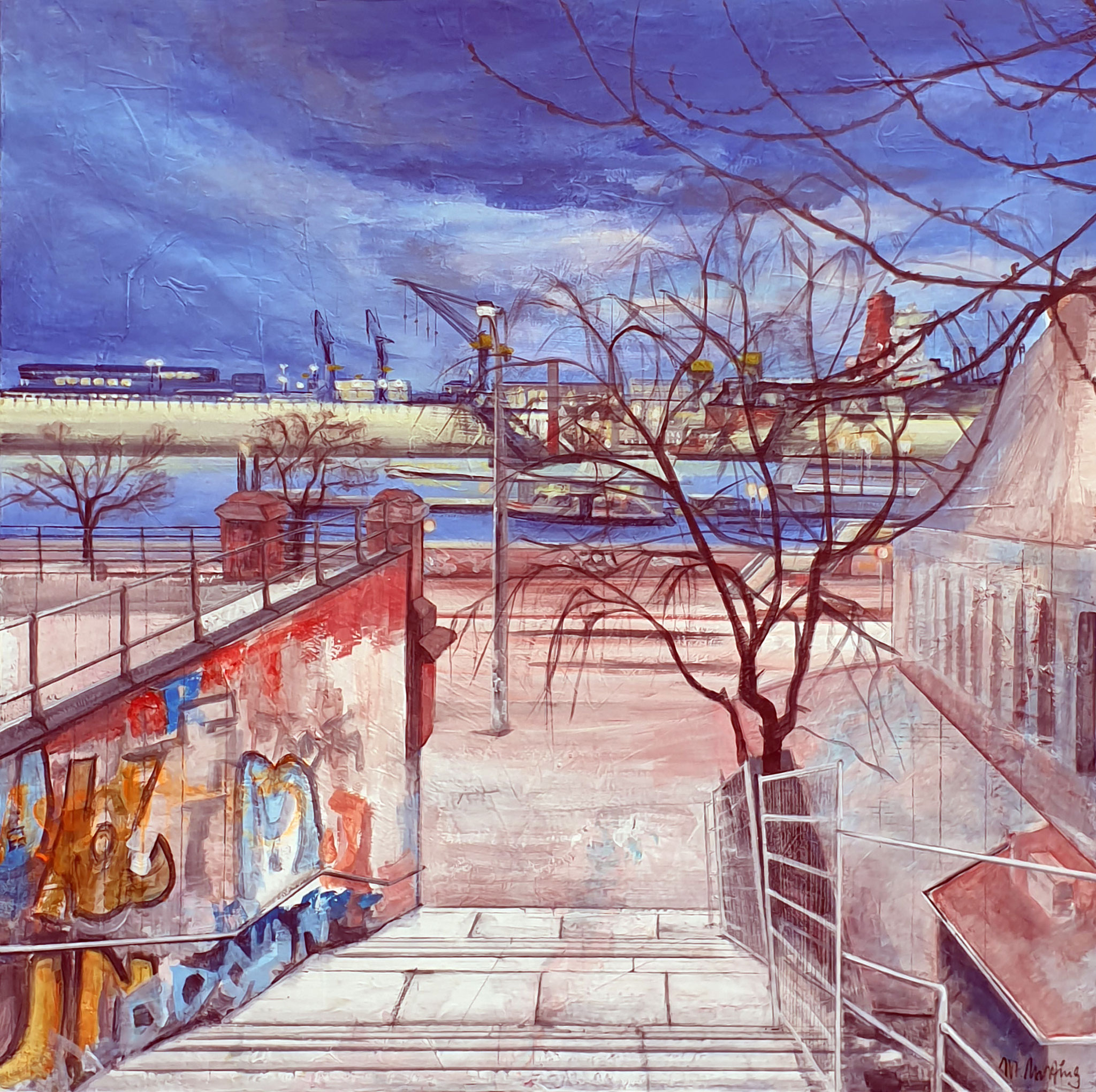 Quadratisches Mixed-Media-Gemälde mit Blick über eine urbane Treppenpassage mit Graffiti-Mauer hinab auf die Elbe und die gegenüberliegenden Hamburger Hafenkräne.