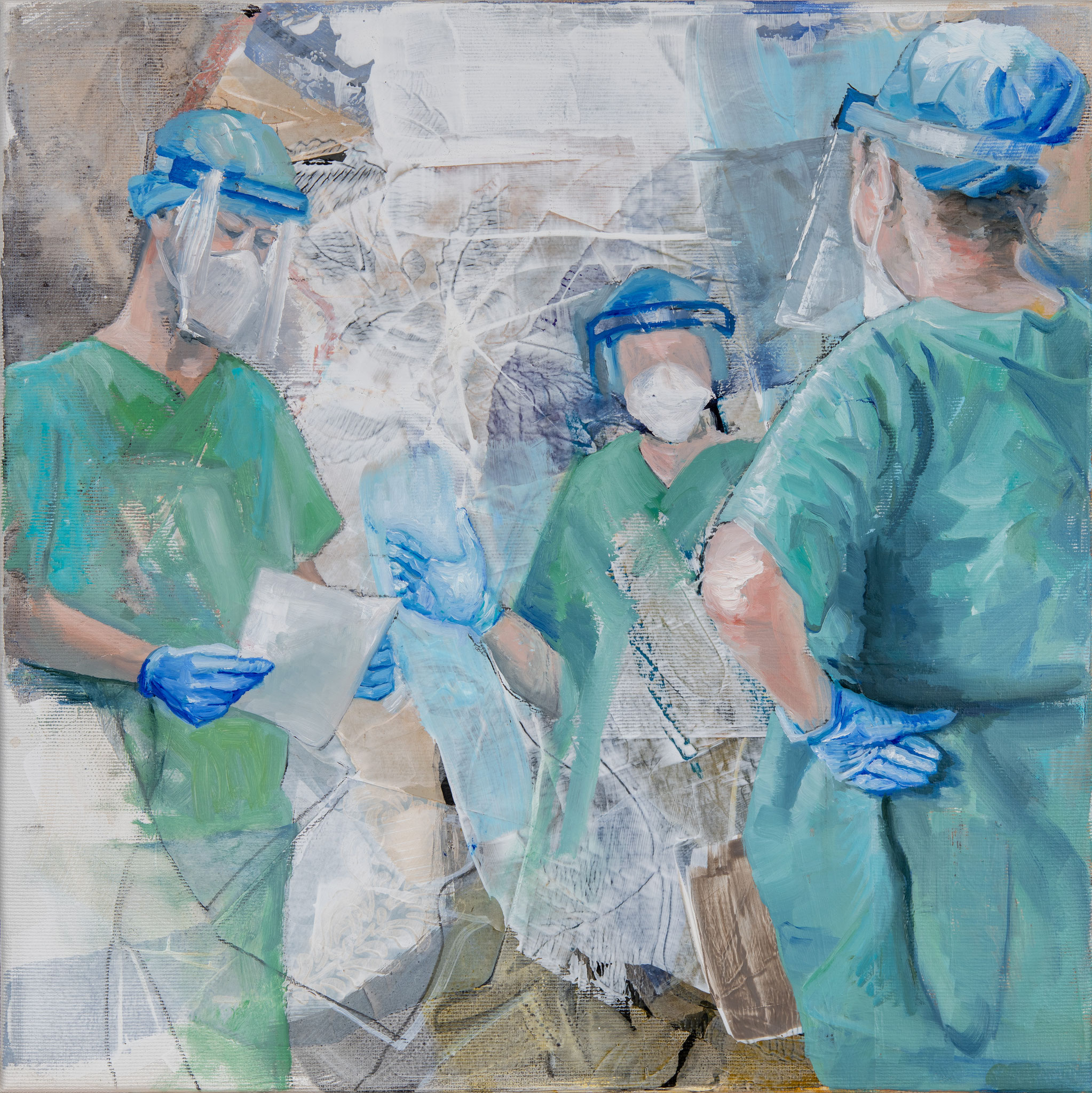 Figuratives Gemälde "Visite in grün", Öl, Acryl & Collage auf Leinwand (40x40 cm). Drei medizinische Fachkräfte in grüner OP-Kleidung, Hauben und Visieren.