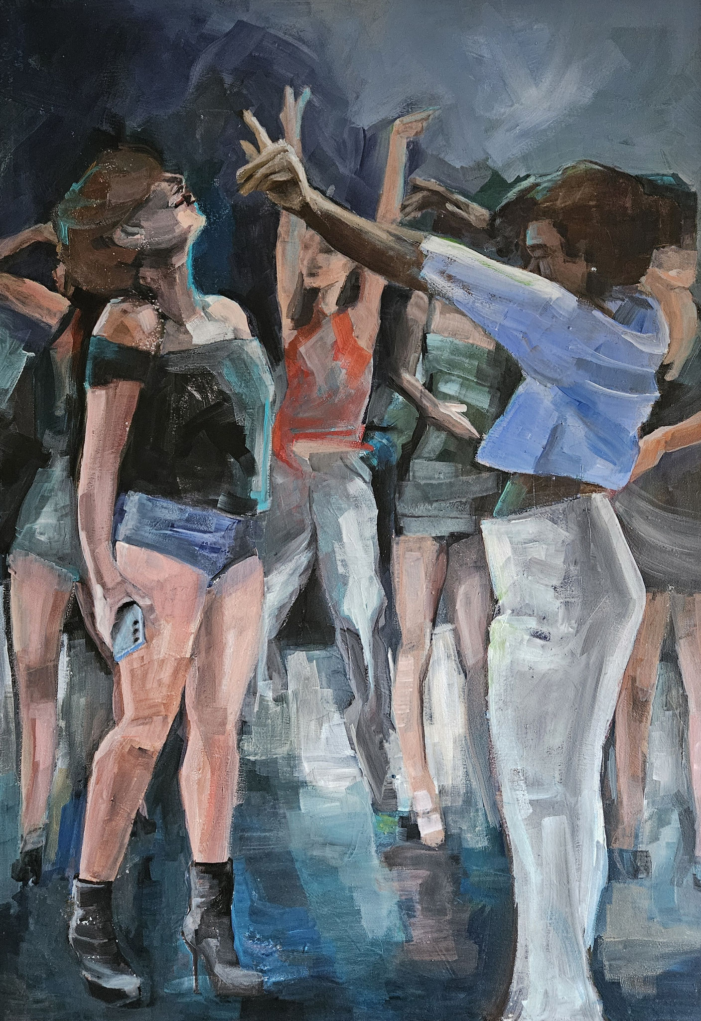 Figuratives Gemälde "Flashlight", Acryl auf Leinwand (100x70 cm). Eine Gruppe tanzender Menschen auf einer Party oder im Club.