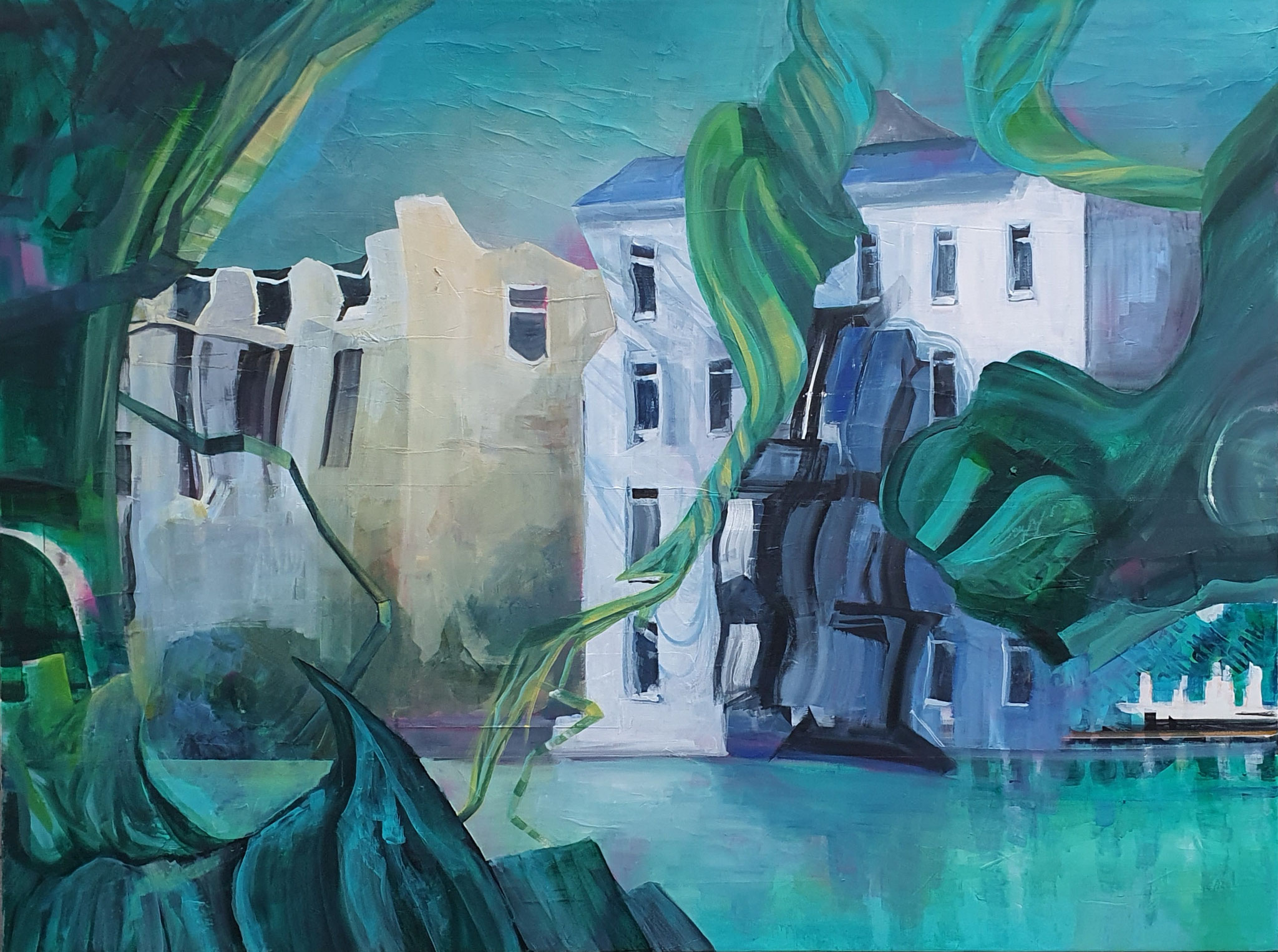 Mixed-Media-Gemälde eines klassischen weißen Gebäudes in Hamburg am Wasser, umgeben von surrealen, geschwungenen grünen Pflanzen und Wellenstrukturen.,
