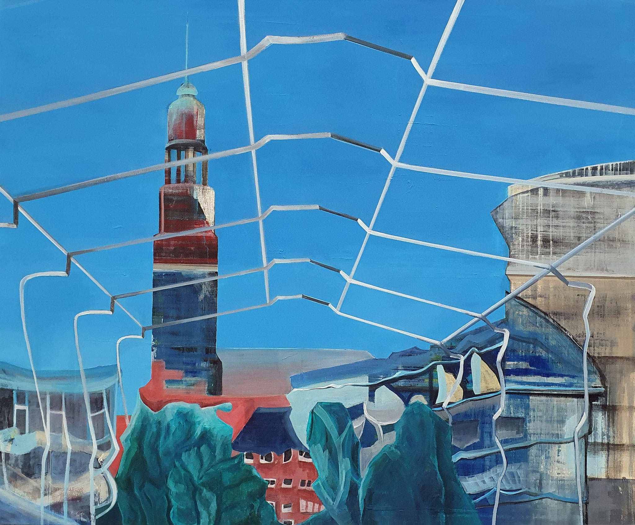 Mixed-Media-Gemälde der markanten Hamburger Michaeliskirche (Michel) im Querformat, überlagert von einem großen, grafischen Spinnennetz-Muster vor blauem Himmel..