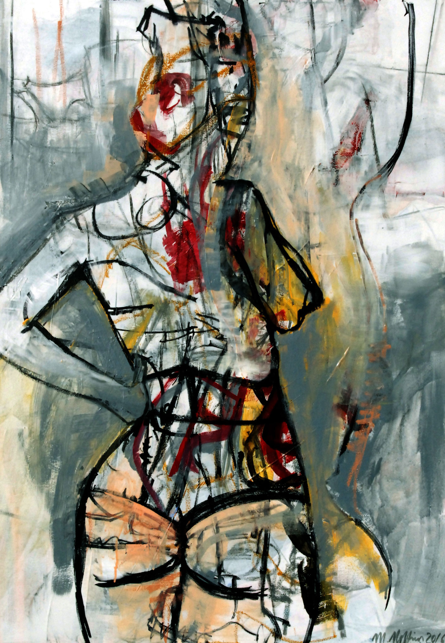 Figuratives Gemälde "Out of Afrika", Acryl, Graphit, Edding & Kohle auf Leinwand (100x70 cm). Abstrahierter Akt mit ausdrucksstarken schwarzen Konturlinien.