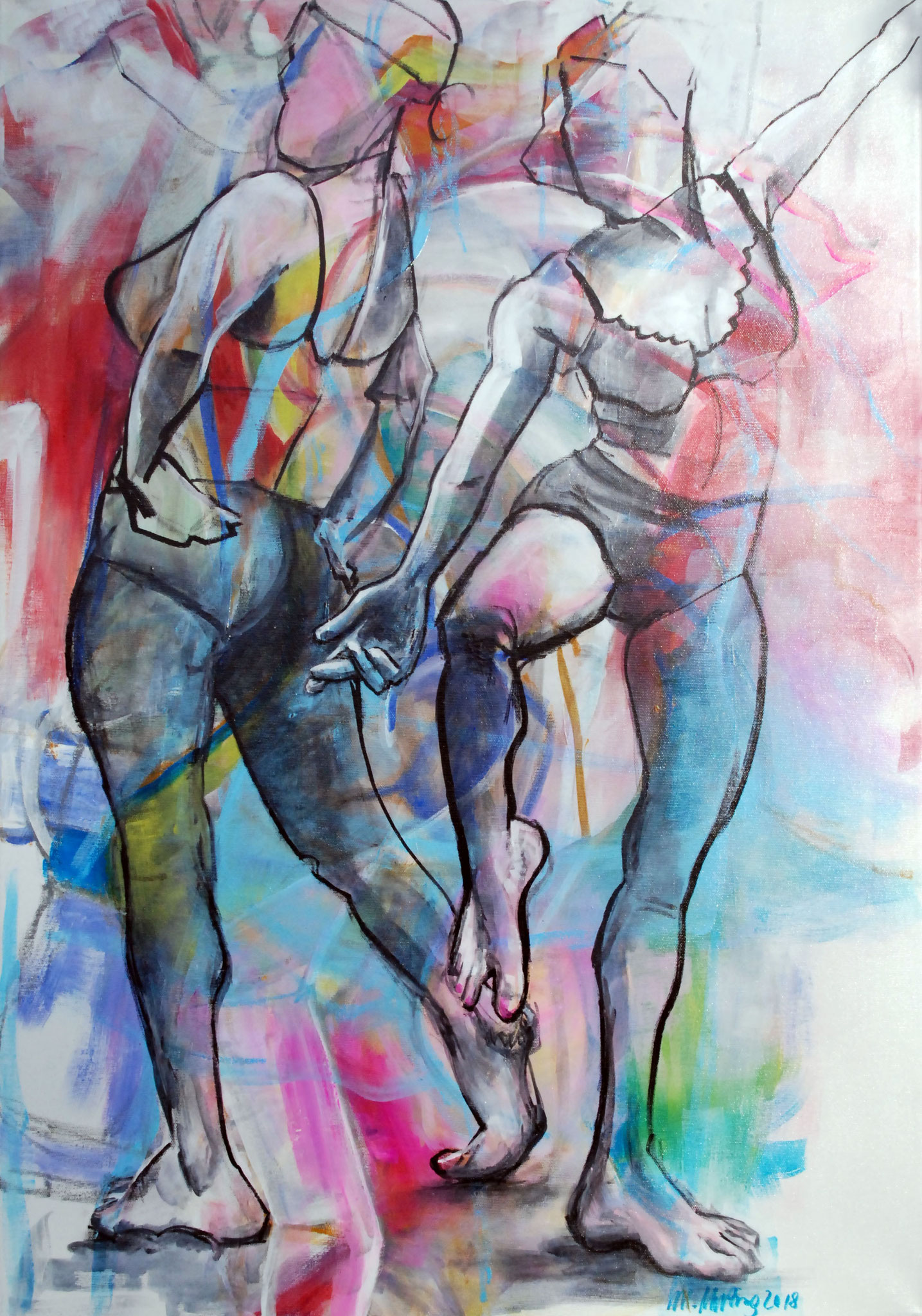 Figuratives Gemälde "Duo", Acryl & Stifte auf Leinwand (100x70 cm). Zwei dynamisch tanzende oder posierende Frauenfiguren.
