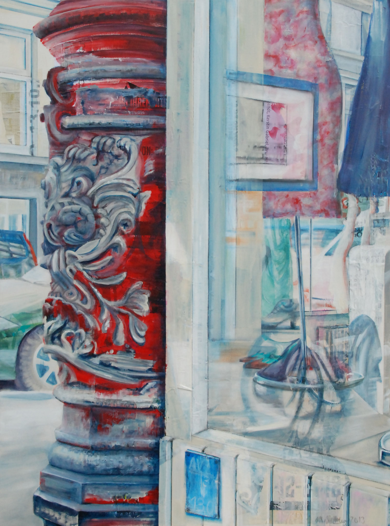 Mixed-Media-Gemälde einer Straßenscene im Hamburger Karoviertel mit einer verzierten, rötlichen Altbausäule und der Spiegelung eines Schaufensters.