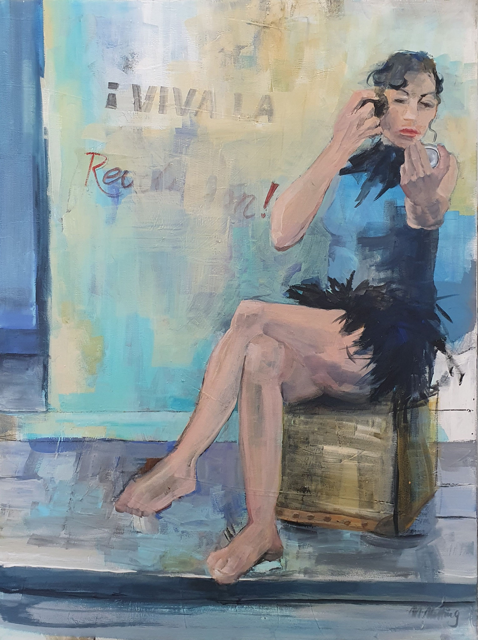 Figuratives Gemälde "Bordsteinschwalbe", Mixed Media auf Leinwand (80x60 cm). Sitzende Frau, sich im Schminkspiegel betrachtend, vor einer Wand mit Graffiti-Schriftzug.