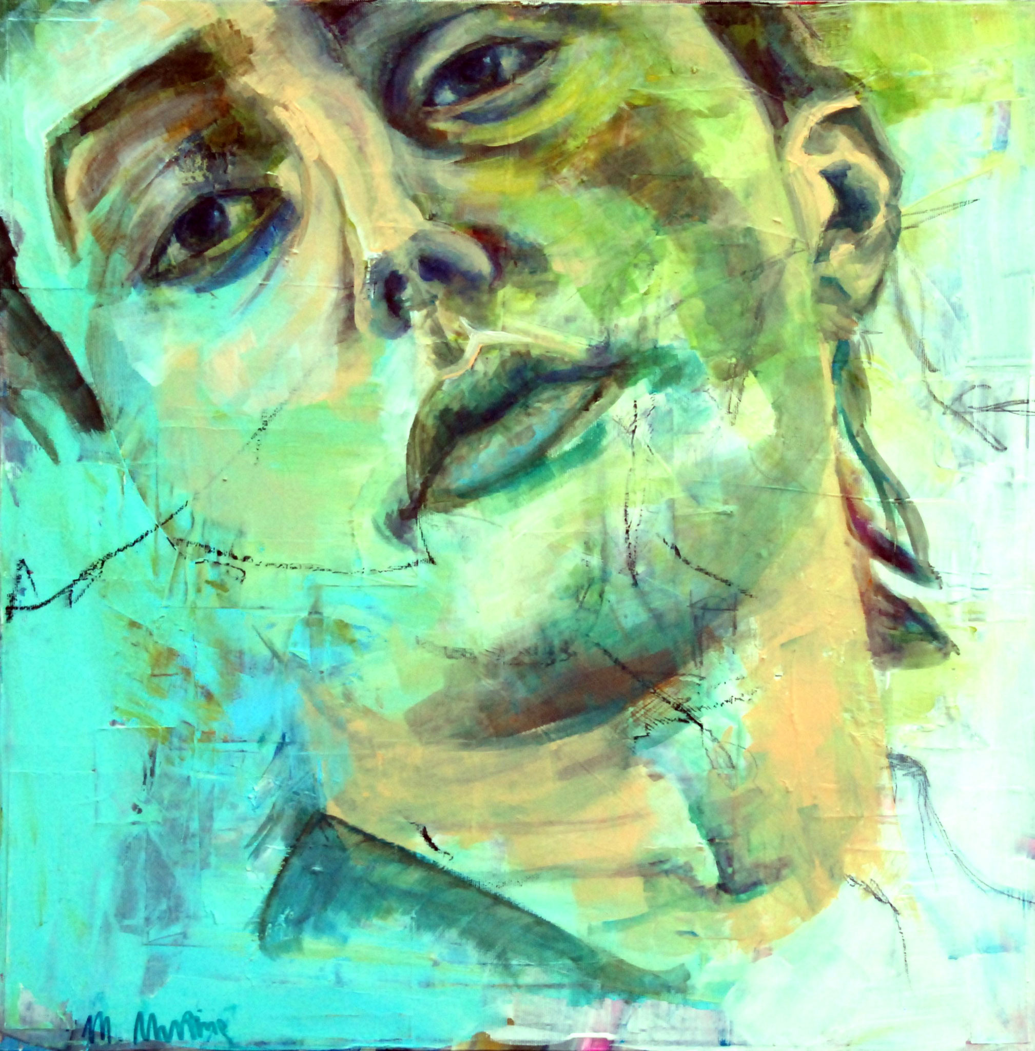 Figuratives Gemälde "MAN", Mixed Media auf Leinwand (60x60 cm). Nahaufnahme eines Gesichts in Grün- und Gelbtönen.