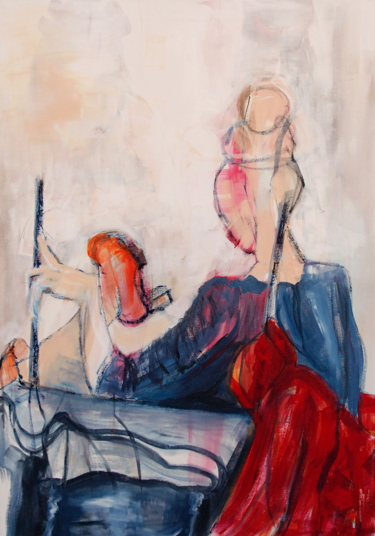 Figuratives Gemälde "Kristina sitzend", Mixed Media auf Leinwand (100x70 cm). Rückenansicht einer sitzenden Frau mit hochgesteckten Haaren.