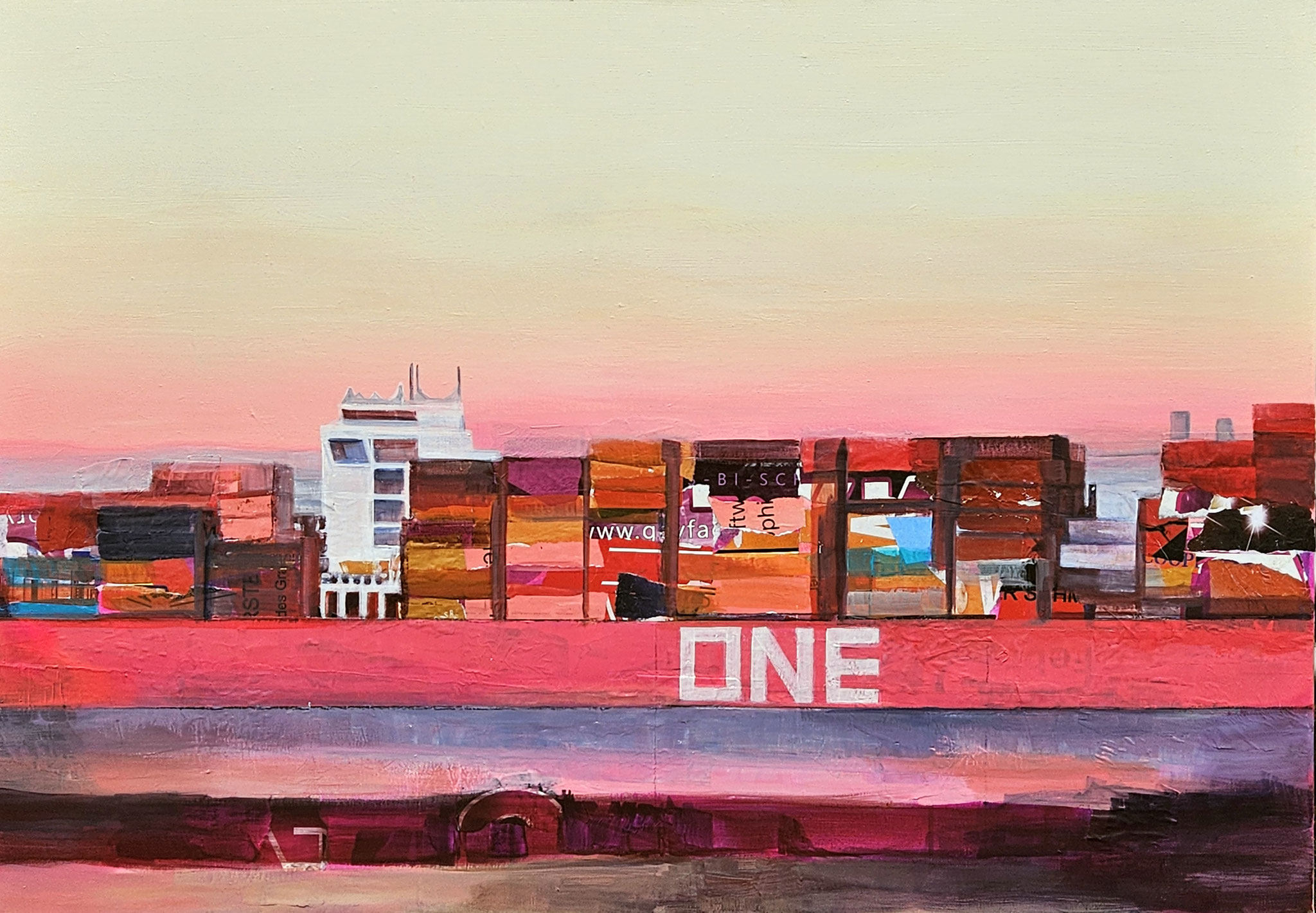 Mixed-Media-Gemälde eines vollbeladenen Containerschiffs der Reederei ONE mit bunten Containern vor einem warmen, hellen Abendhimmel.
