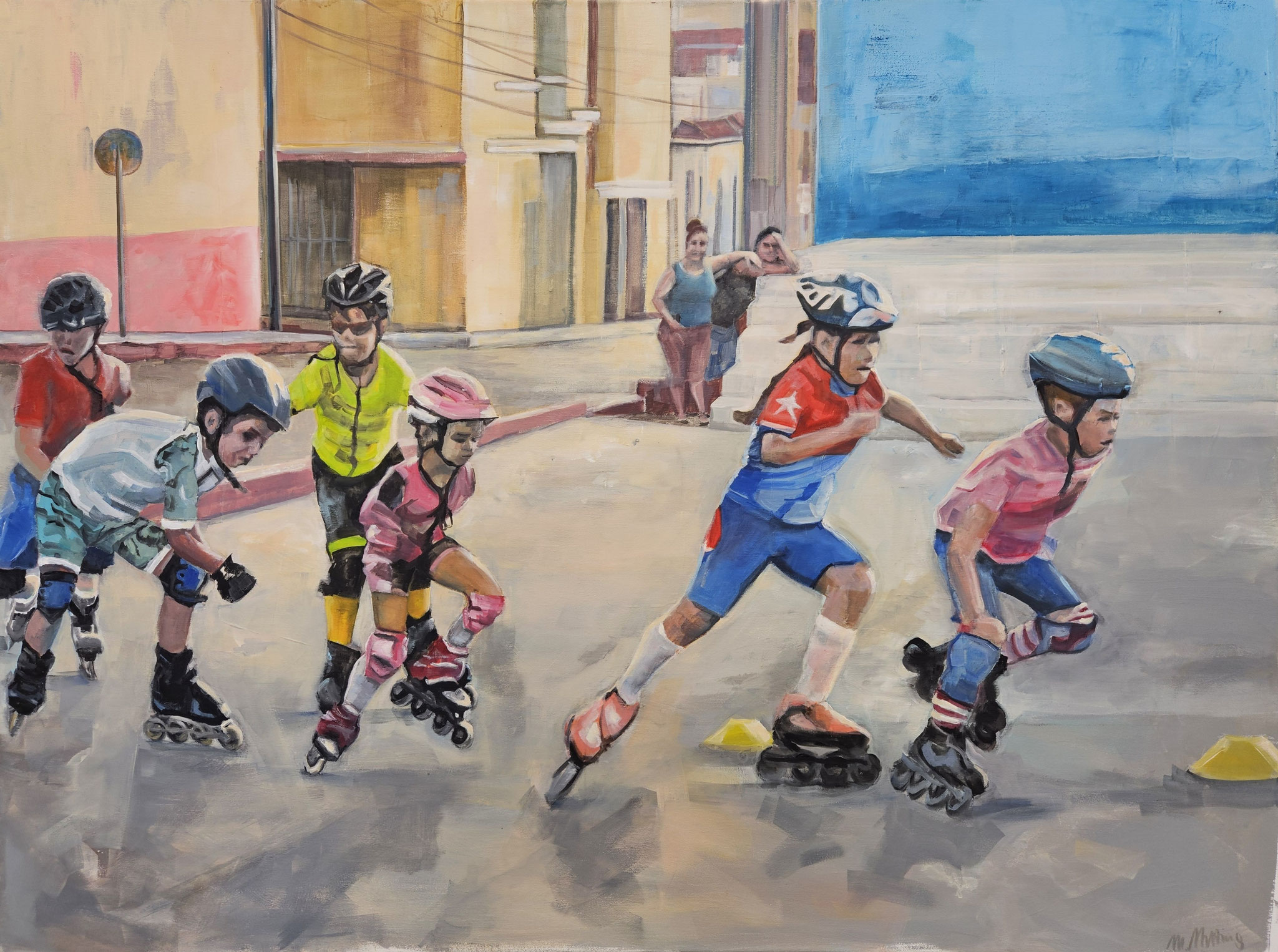 Figuratives Gemälde "Inlineskaten", Acryl auf Leinwand (90x120 cm). Eine Gruppe Kinder fährt Inline-Skates in einer urbanen Kulisse. Moderne figurative Malerei im Querformat.