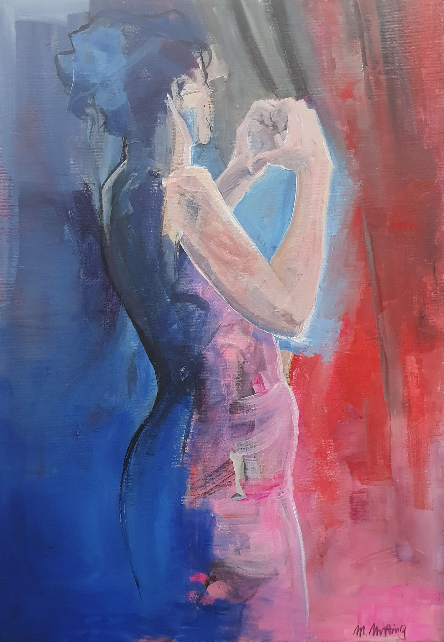 Figuratives Gemälde "With love", Acryl auf Leinwand (100x70 cm). Silhouette einer Frau im Profil in ausdrucksstarken Blau- und Rottönen.