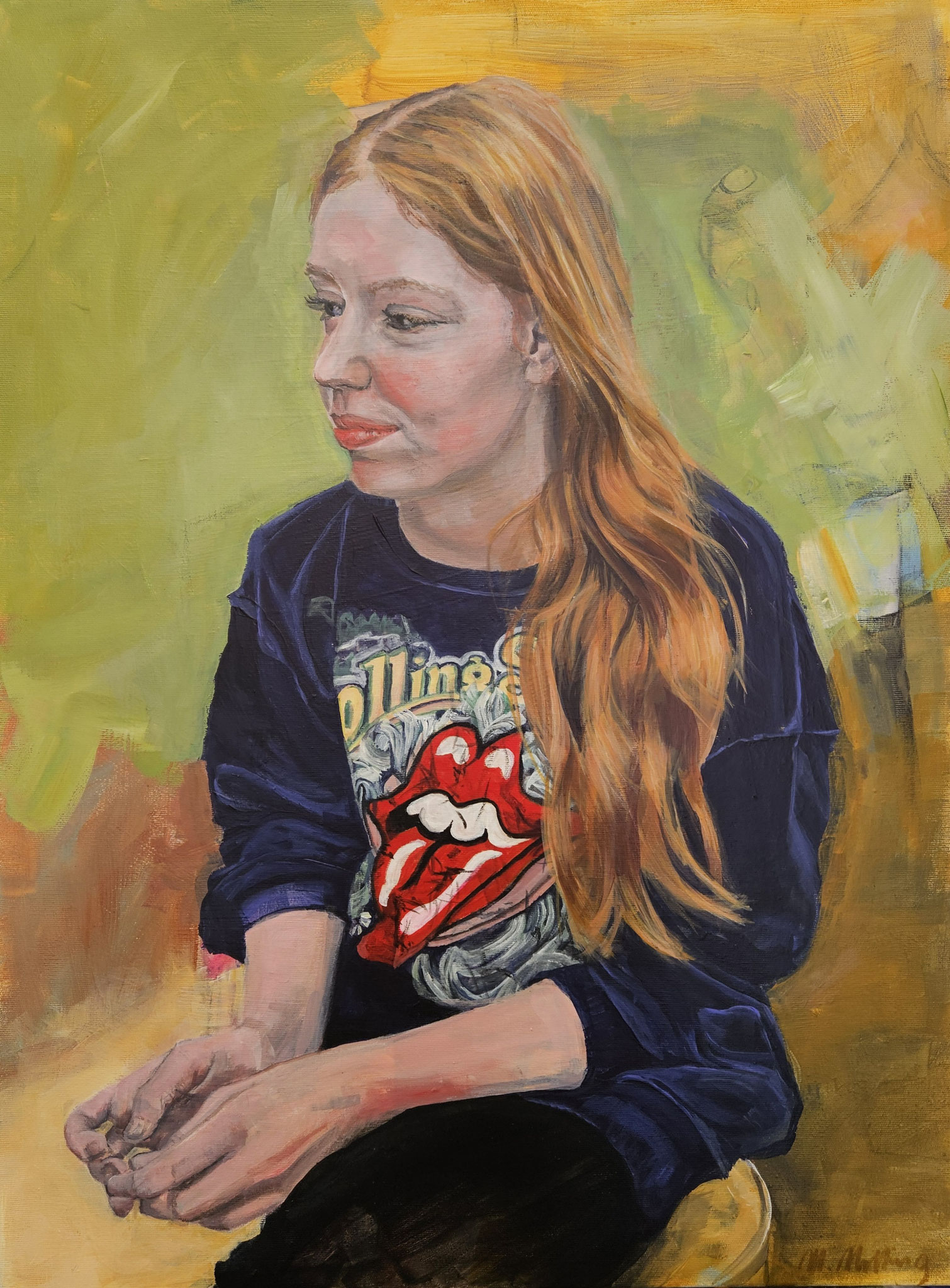 Figuratives Gemälde "Hello Mary-Lou", Mixed Media auf Leinwand (60x60 cm). Porträt einer jungen, rothaarigen Frau im Rolling-Stones-Sweatshirt,