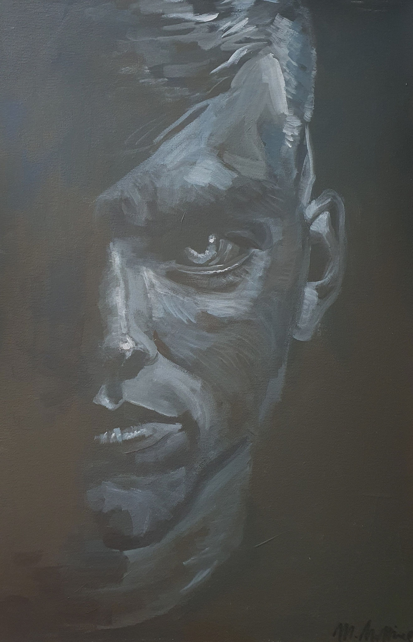 Figuratives Gemälde "Zwielicht", Acryl auf Leinwand (60x40 cm). Intensives Männerporträt in Schwarz-Weiß mit starkem Licht-Schatten-Kontrast.