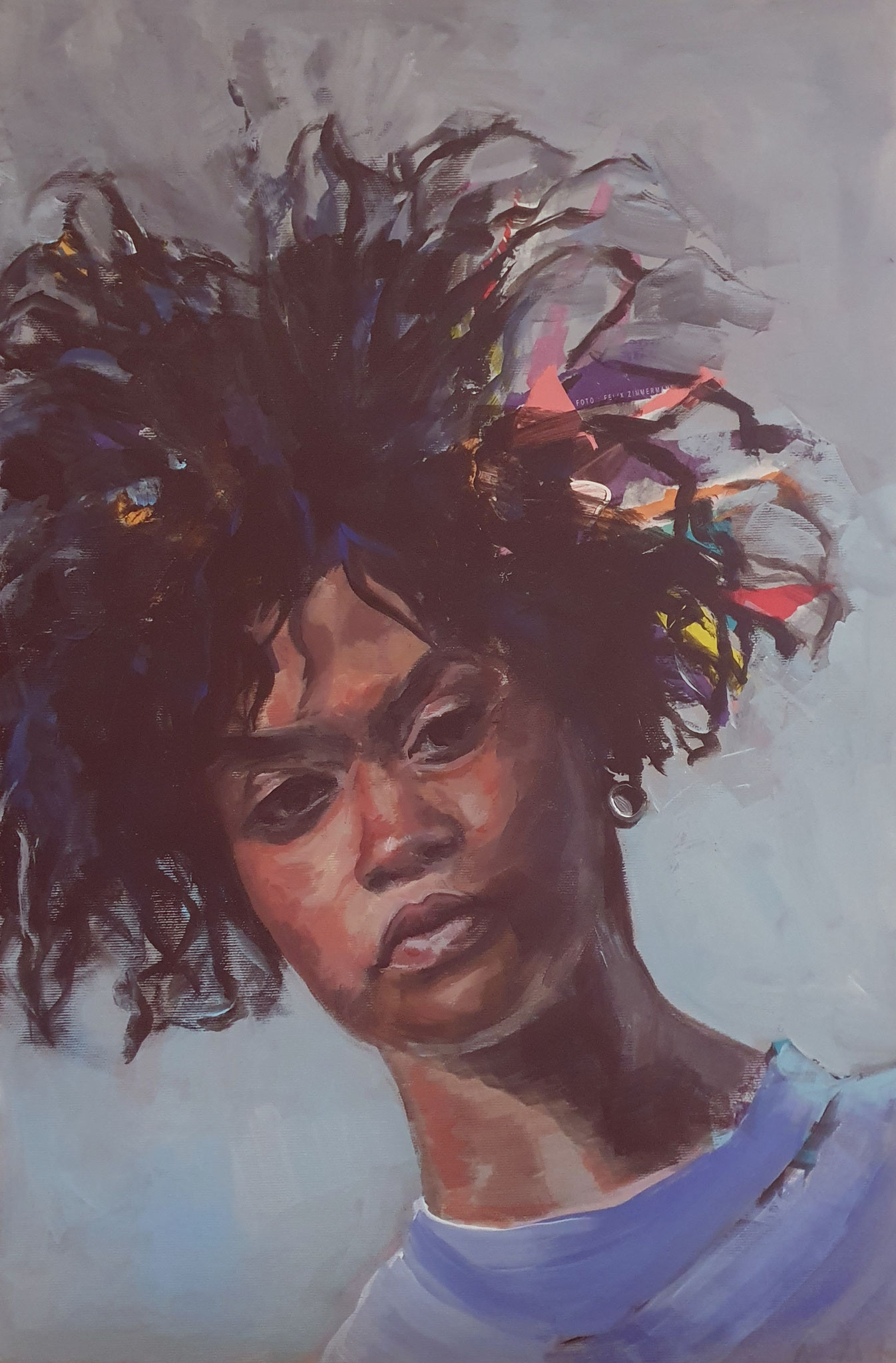Frau mit Afro, Acryl und Collage auf Leinwand, 60cm x 40cm