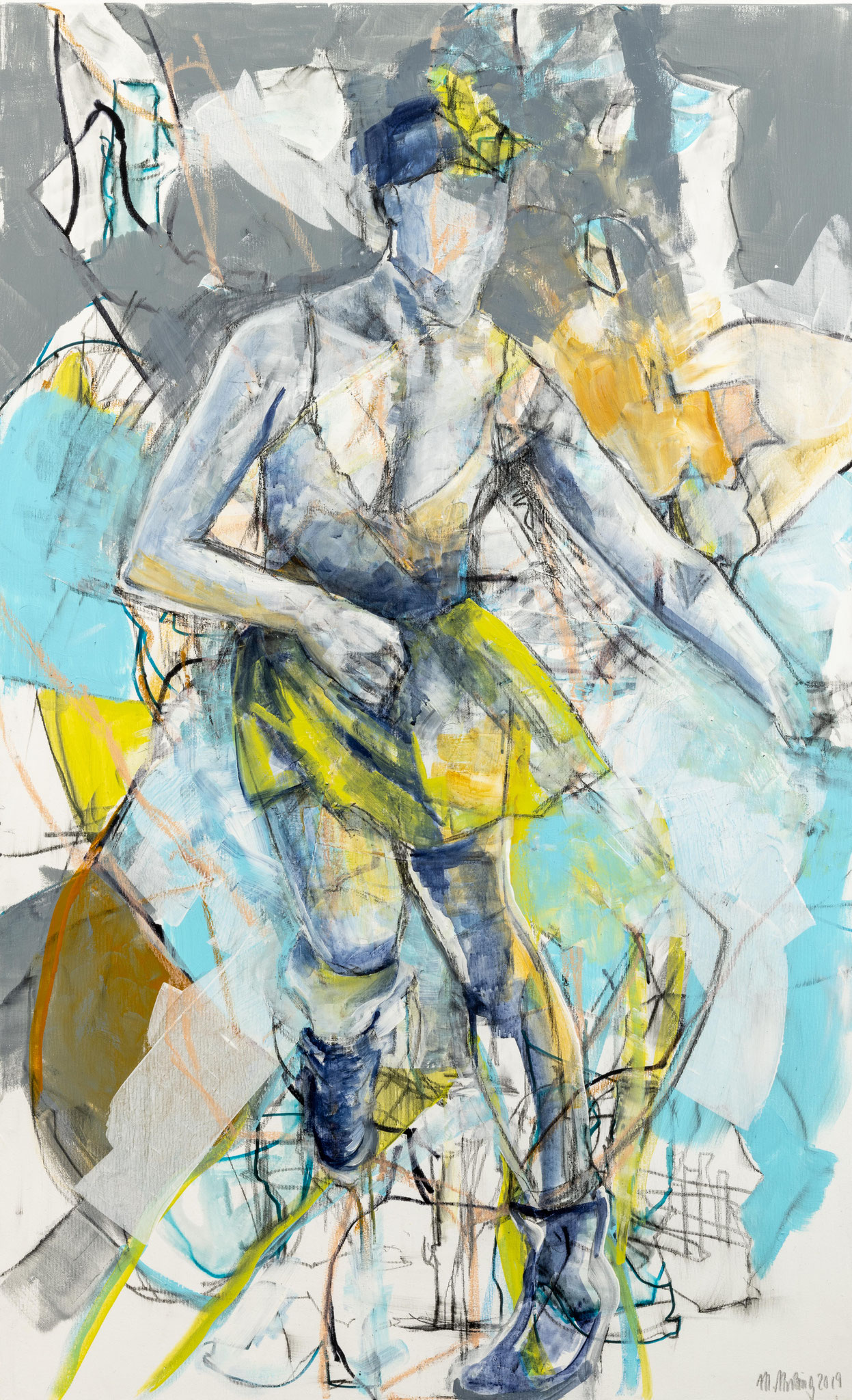 Figuratives Gemälde "Moving", Mixed Media auf Leinwand (130x80 cm). Dynamische, sich bewegende Tänzerin mit gelbem Rock.