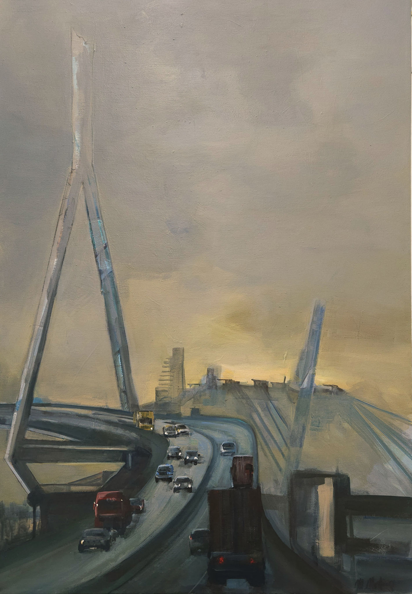 Acrylgemälde der Hamburger Köhlbrandbrücke im Hochformat mit fließendem Verkehr und der markanten, hellen Pylonen vor einem wolkenverhangenen Himmel. 