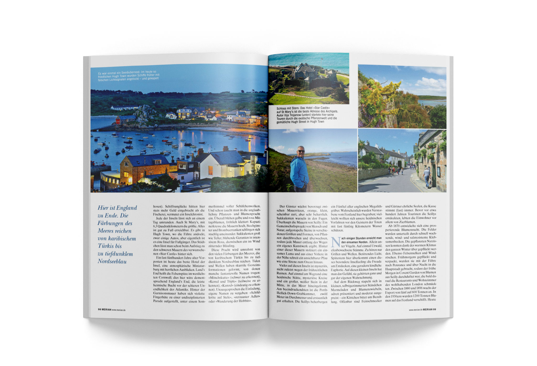 MERIAN-Doppelseite: links breites Panorama eines Küstenortes, rechts Spalte mit mehreren kleinen Fotos; darunter mehrspaltiger Fließtext über beide Seiten.