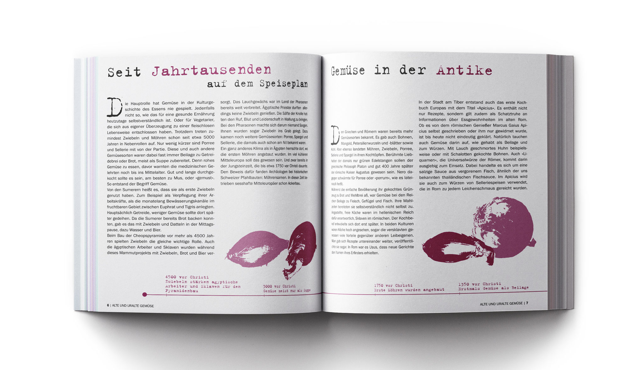 Aufgeschlagene Doppelseite aus dem Kochbuch „Pastinaken & Co.“ mit den Überschriften „Seit Jahrtausenden auf dem Speiseplan“ und „Gemüse in der Antike“, zwei Textspalten, violetten Gemüse-Illustrationen und einer Zeitleiste am Seitenrand unten.