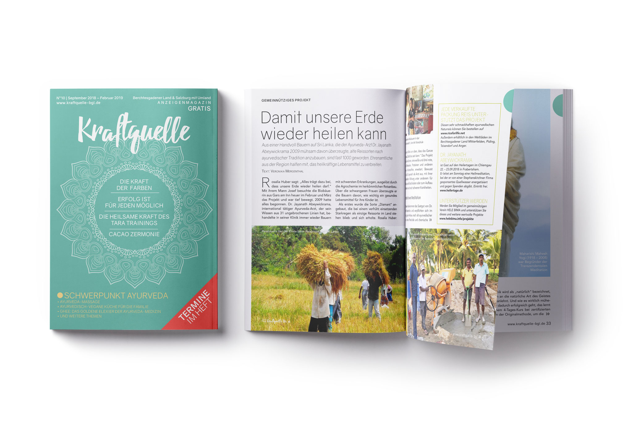 Kraftquelle-Magazin mit Cover; daneben aufgeklappte Doppelseite mit Headline „Damit unsere Erde wieder heilen kann“, mehrspaltigem Text und Fotos einer Ernte- und Feldszene.