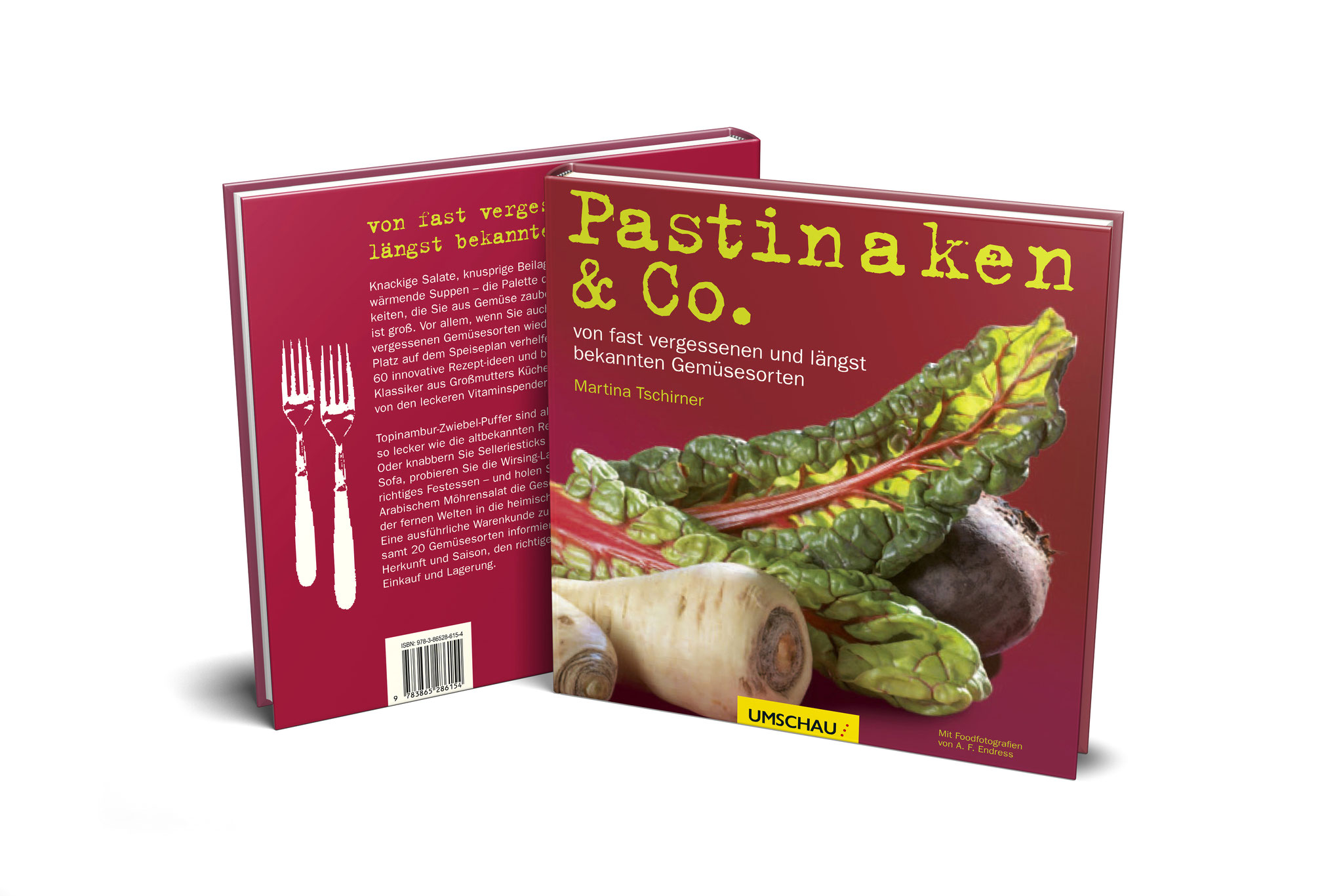 Kochbuch „Pastinaken & Co.“ mit rotem Cover, großem Titel und Gemüsefoto (u. a. Pastinake und Mangold); daneben Rückseite mit Text und Besteck-Illustration.