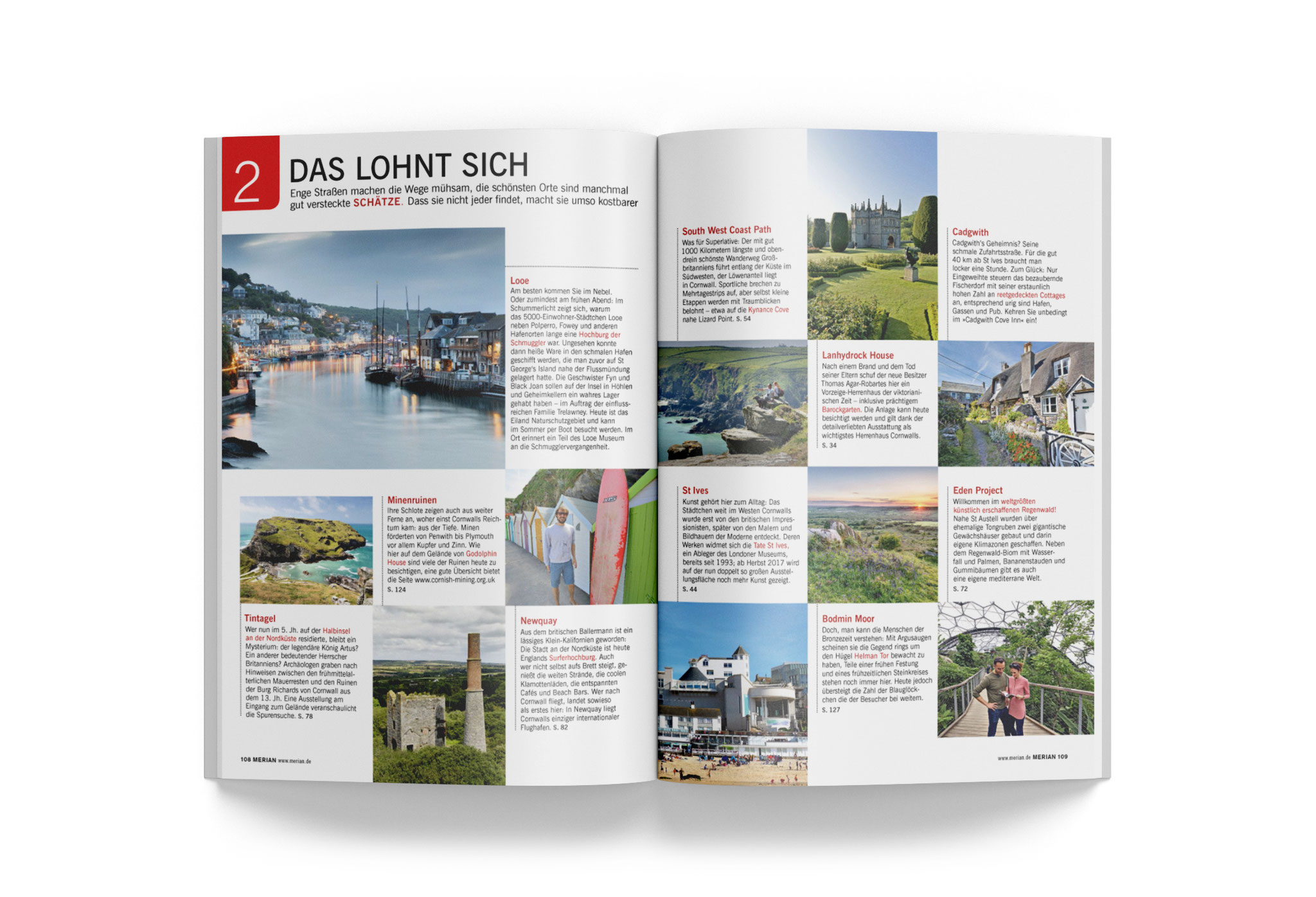 MERIAN-Doppelseite im Raster: viele kleine Fotos mit kurzen Textblöcken und Orts-/Tipp-Elementen unter der Überschrift „Das lohnt sich“.