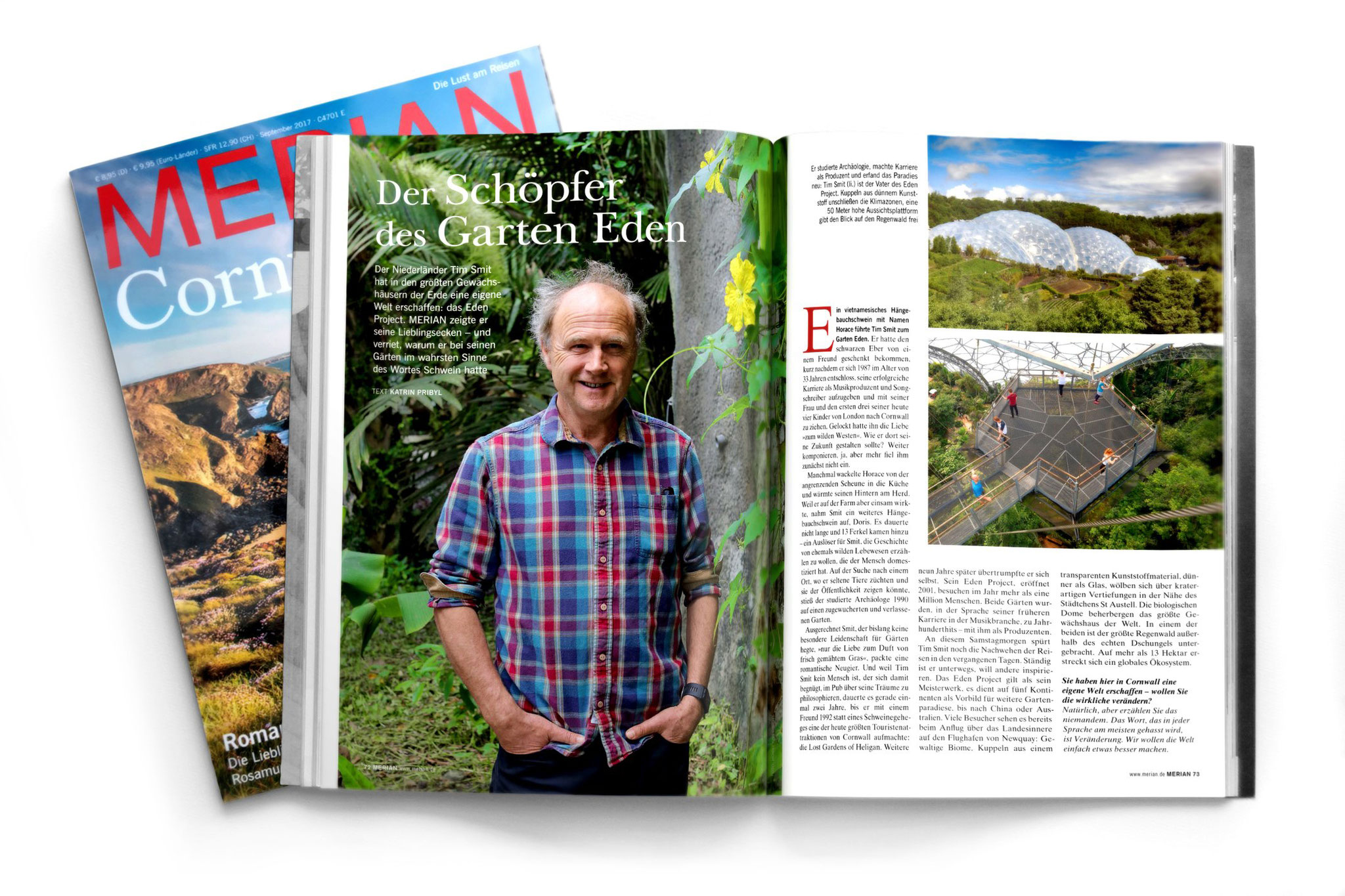 Aufgeschlagenes MERIAN-Magazin: großformatiges Landschaftsfoto über die Doppelseite mit Headline „Ein Händchen für gute Anlagen“ und kurzem Vorspann.