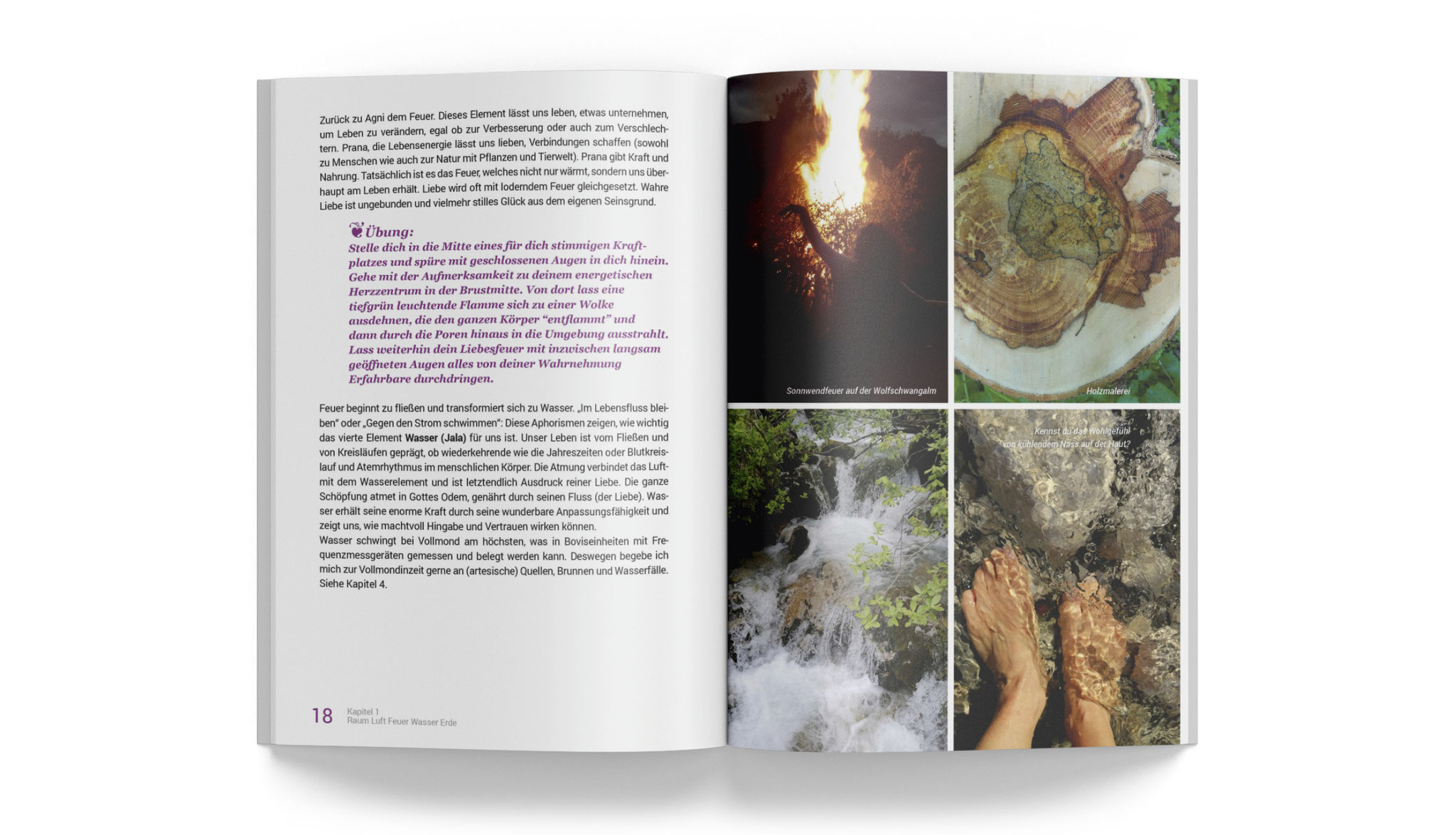 Doppelseite mit Fließtext und vier Naturfotografien: ein Feuer, ein Baumquerschnitt, einen Wasserfall und Füße im Wasser. Die Gestaltung kombiniert ruhige Typografie mit atmosphärischen Bildern. Integriert ein Übungsanleitung.