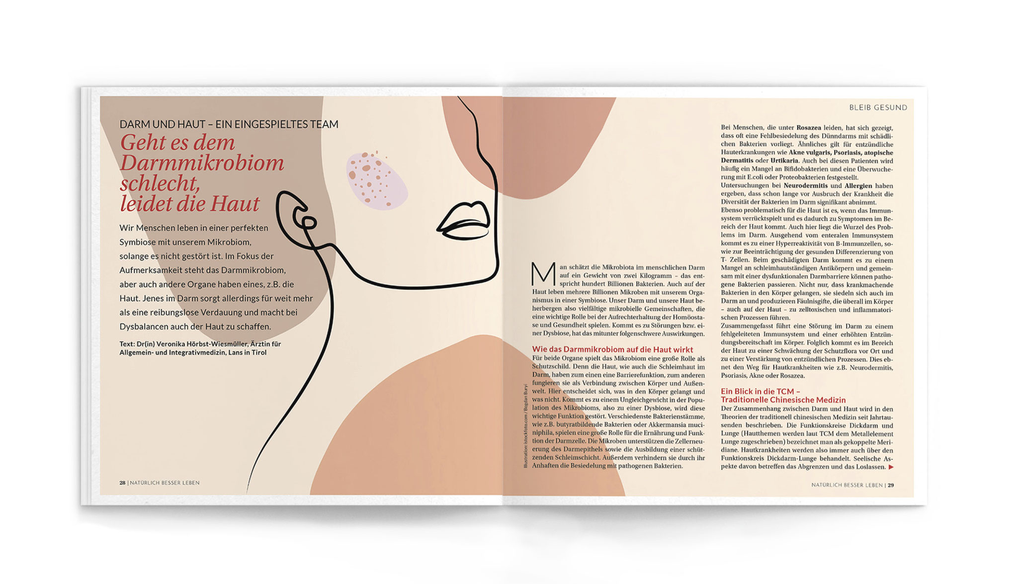 Doppelseite mit großer, abstrakter Illustration eines Gesichts in warmen Rosétönen und Headline zum Darmmikrobiom; rechts mehrspaltiger Text mit Zwischenüberschriften und Infokasten.
