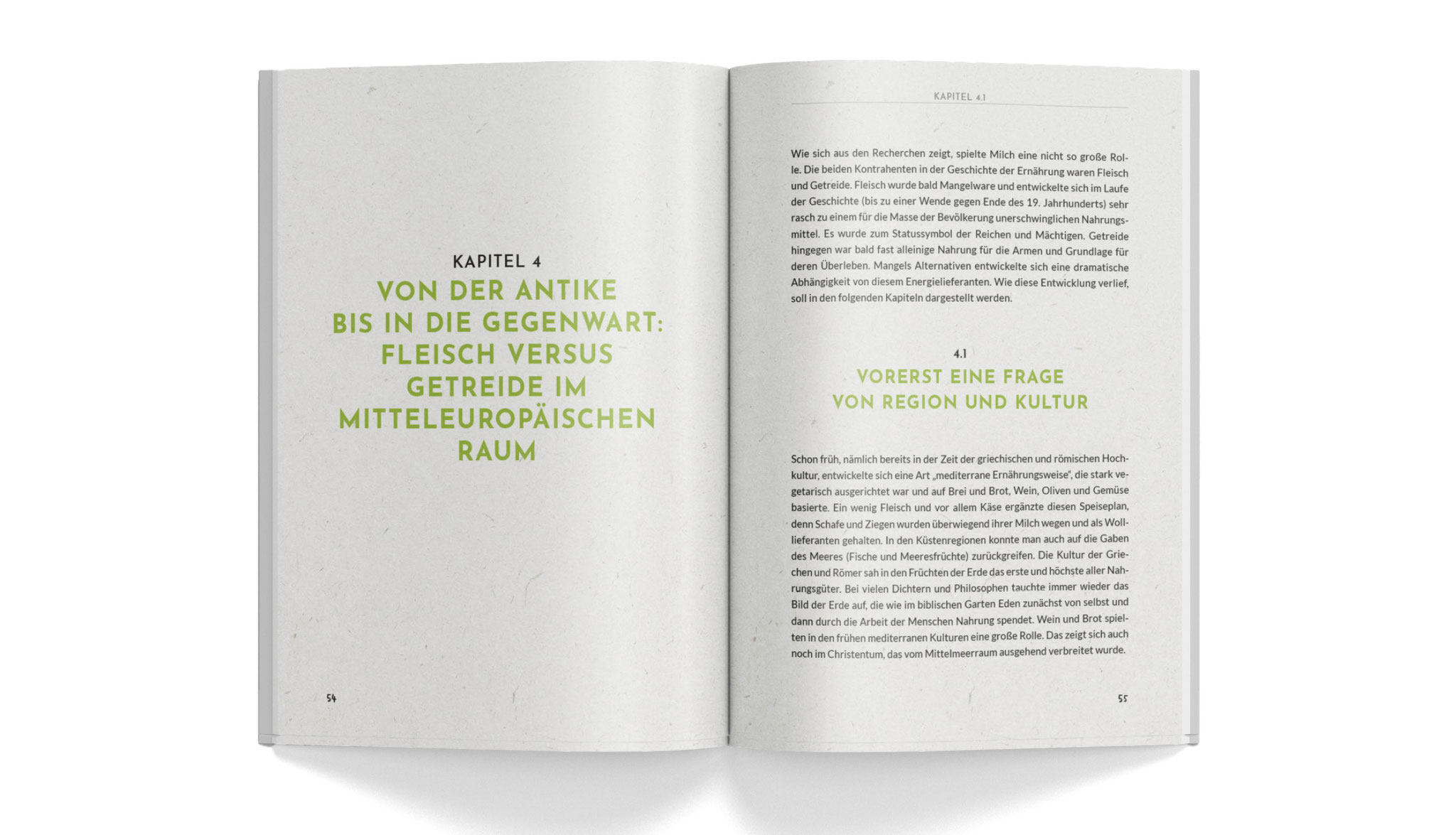 Geöffnete Buchdoppelseite mit Kapitelüberschrift in Grün auf linker Seite und Fließtext auf rechter Seite, ruhiges typografisches Layout.
