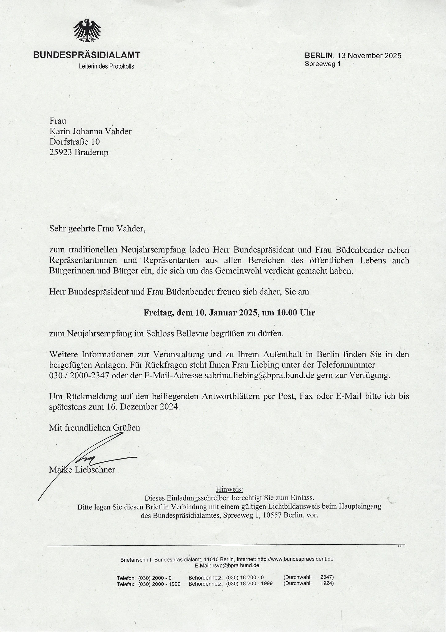 Eine Besonderheit, nicht nur der 1. Vorsitzende Gerd Vahder, sondern auch Karin Vahder wurde eingeladen