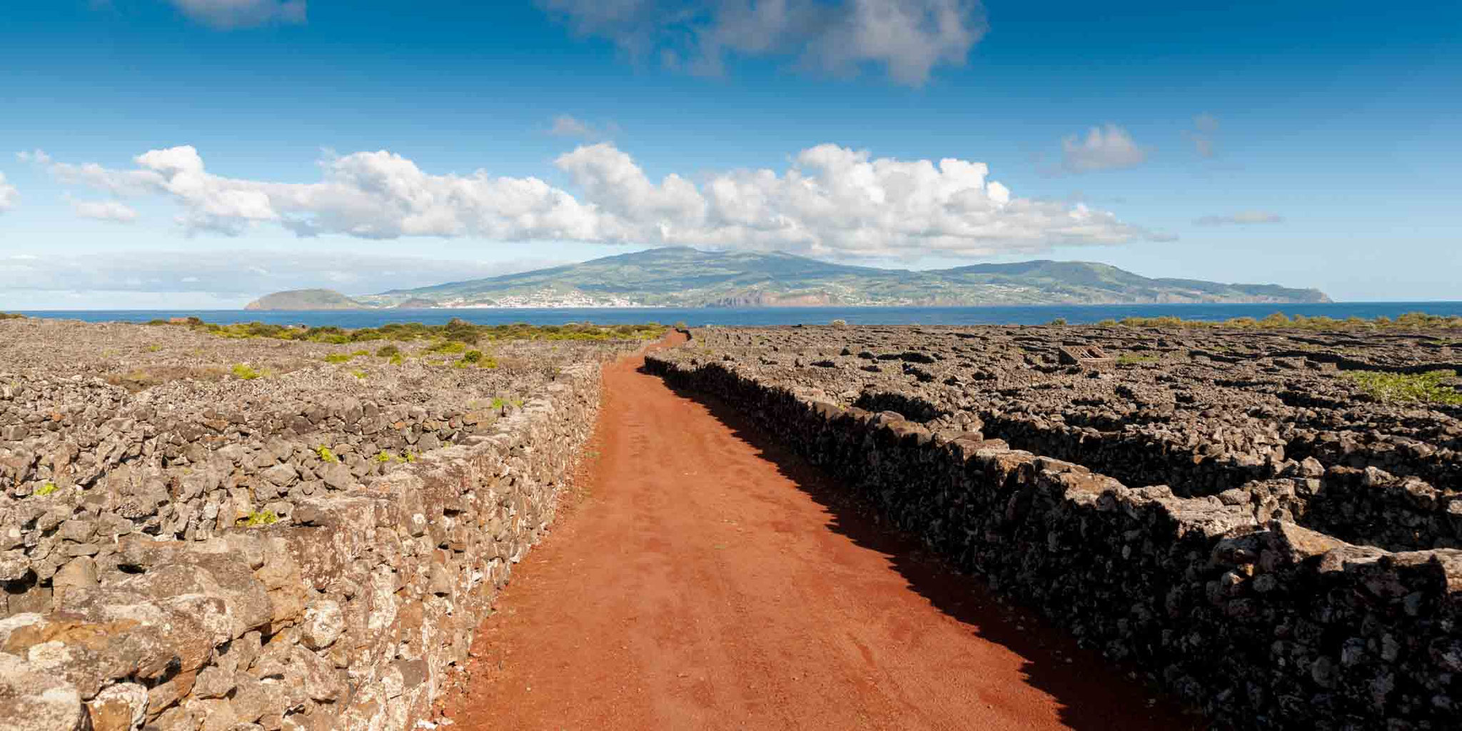 Pico - Blick über Weinfelder auf die Insel Faial