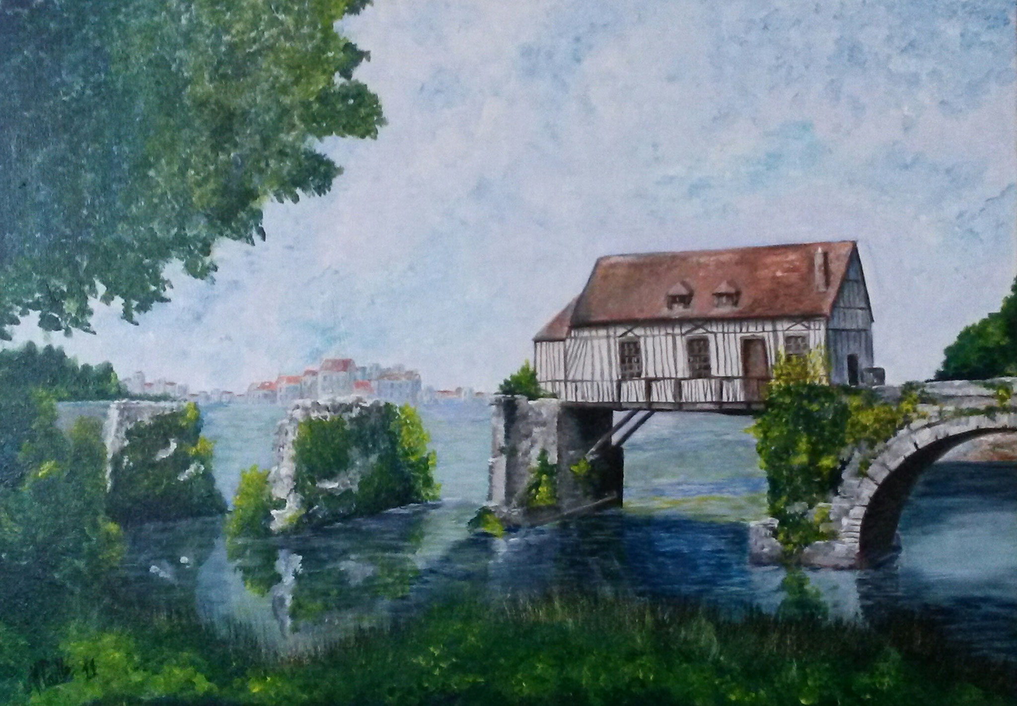 Die alte Mühle in Vernon" - Acryl auf Leinwand / "Le vieux Moulin de Vernon" - Acrylique sur toile   50 x 70 cm