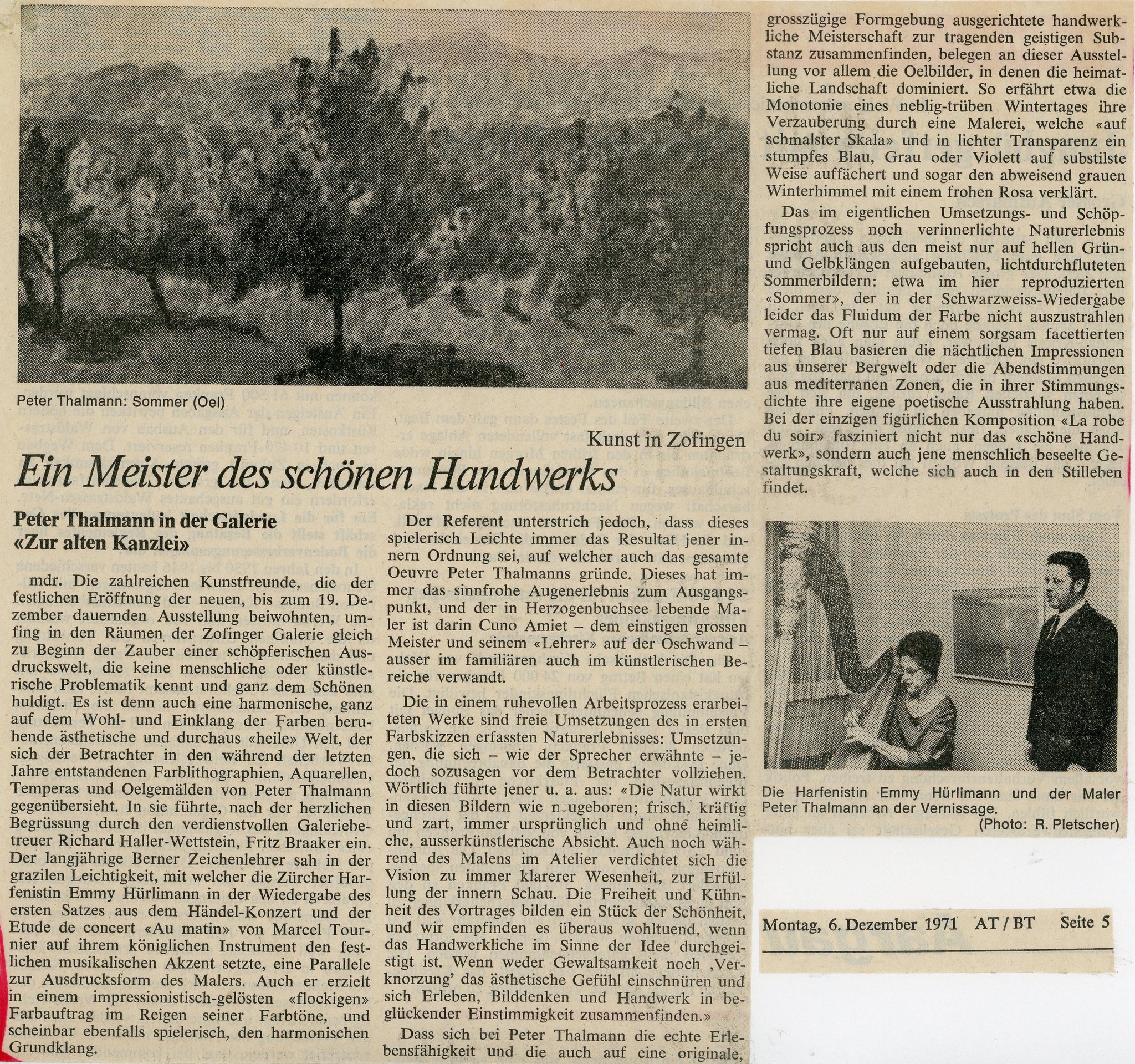 1971, Galerie zur Alten Kanzlei, Zofingen: Zeitungsbericht