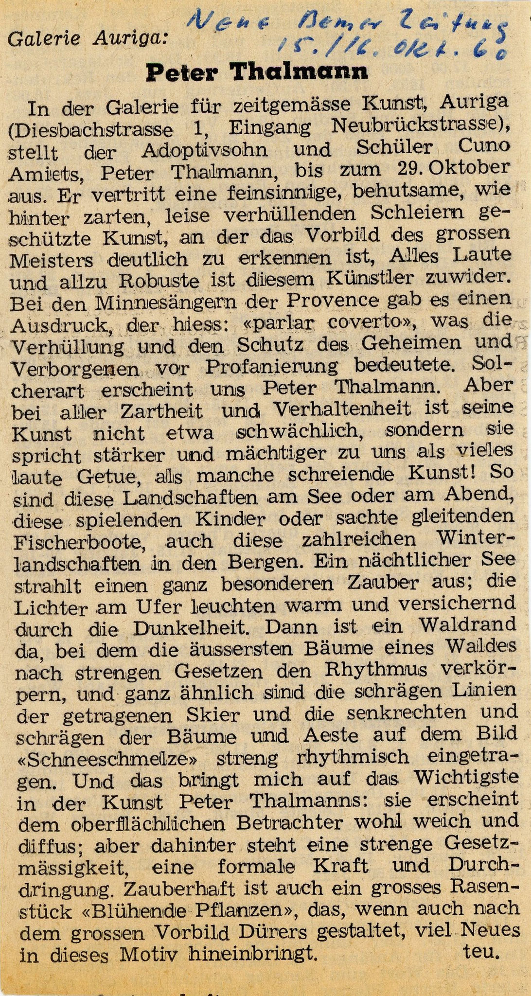 1960, Galerie Auriga: Zeitungsbericht