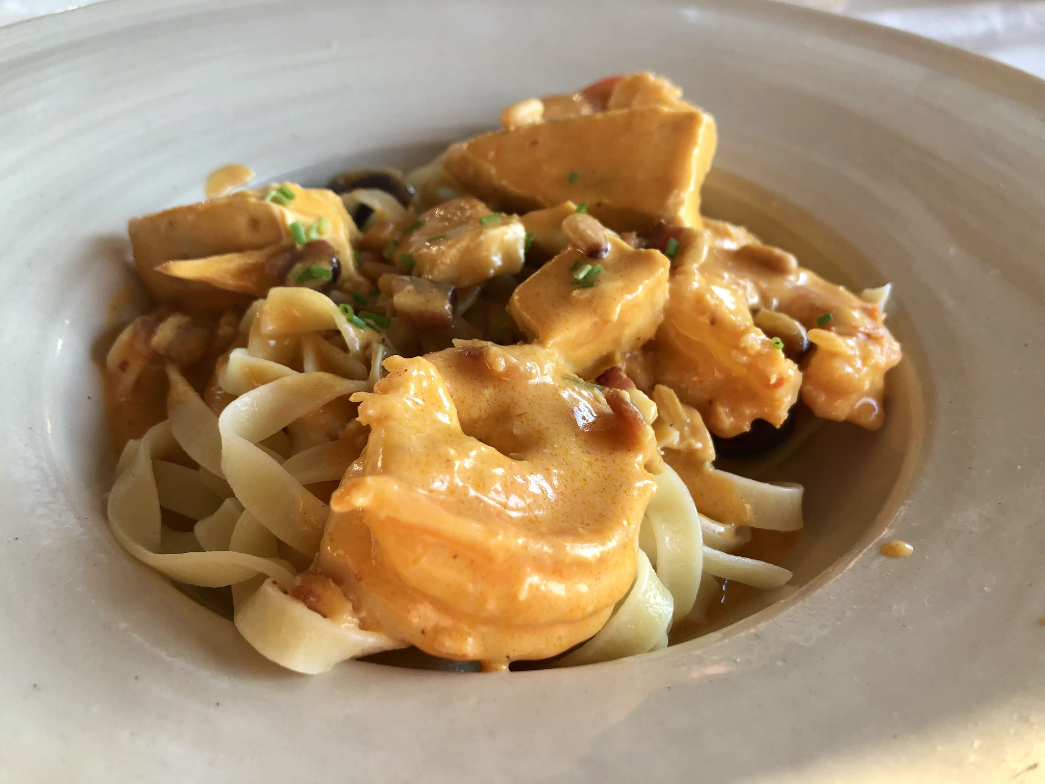 pasta met hoevekip en scampi met romige diepsmakende gelaagde coronsaus, ook hier zowel bij wit als rood