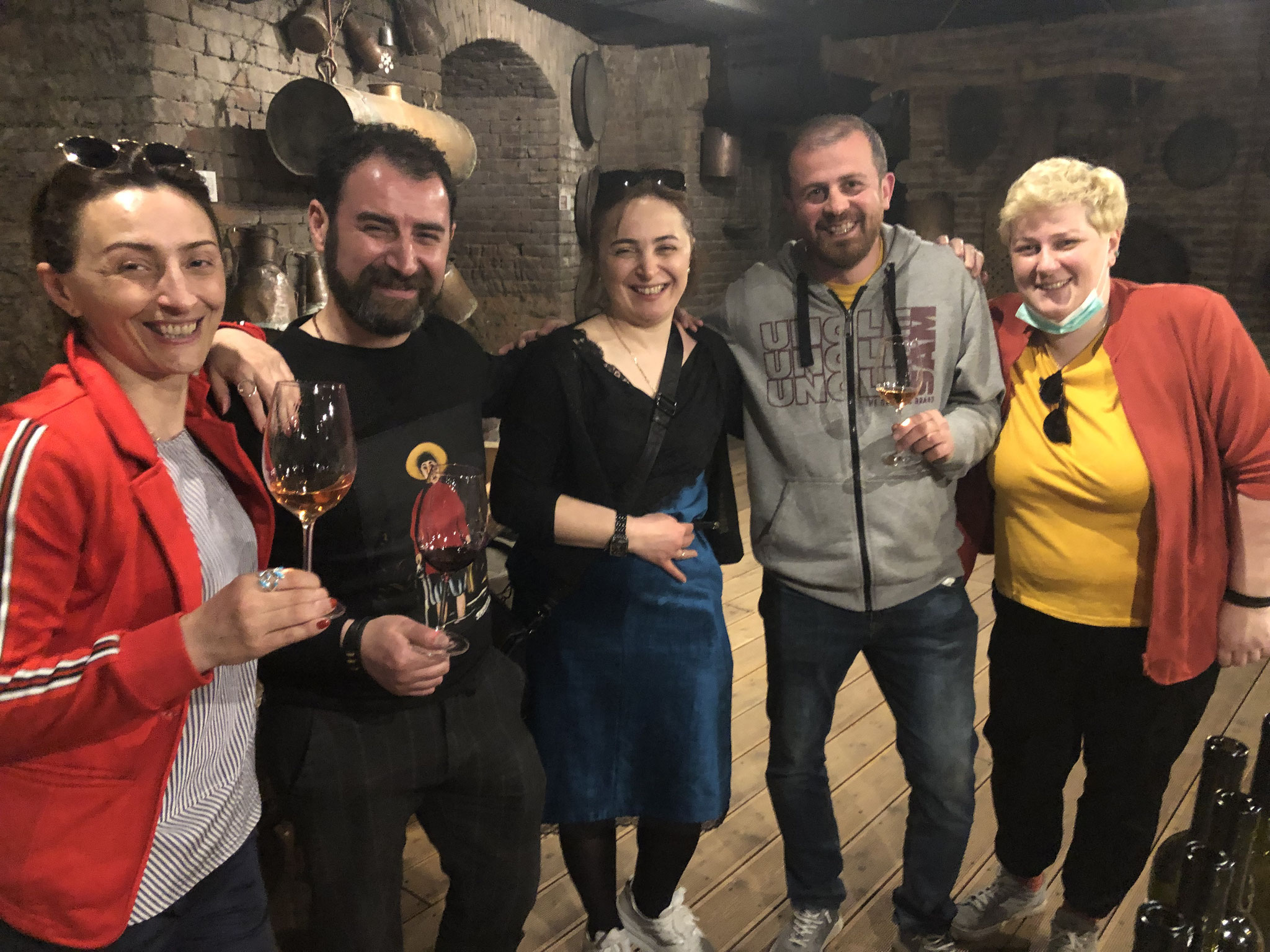 in Tbilisi wine museum: Maka Tarashvili, Jaba Dzimistarishvili, Ekaterina Latsabidze, Levan and director of the museum