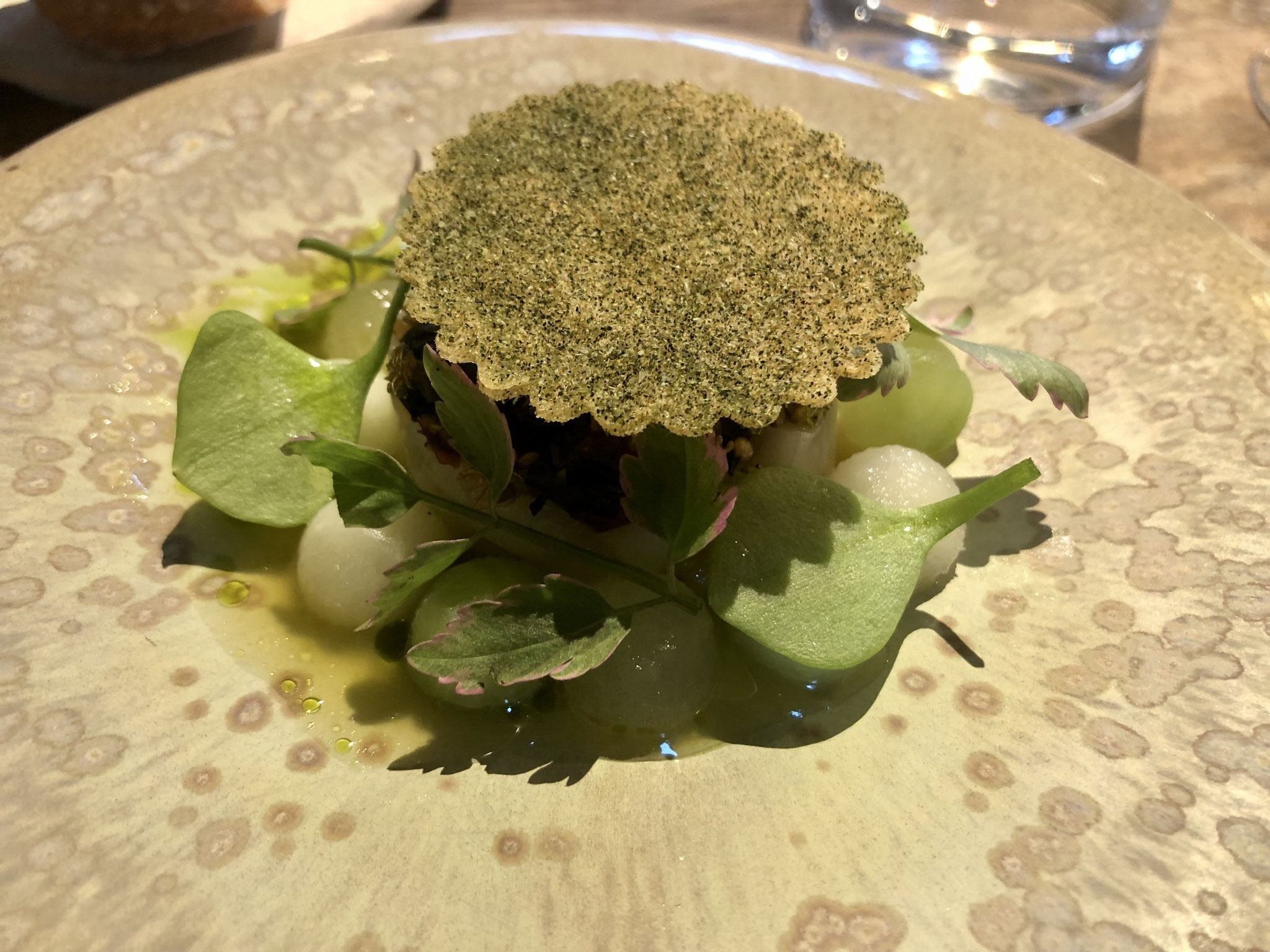 rauwe coquille afgewerkt met crème crue, wasabi en daidai en bolletjes komkommer