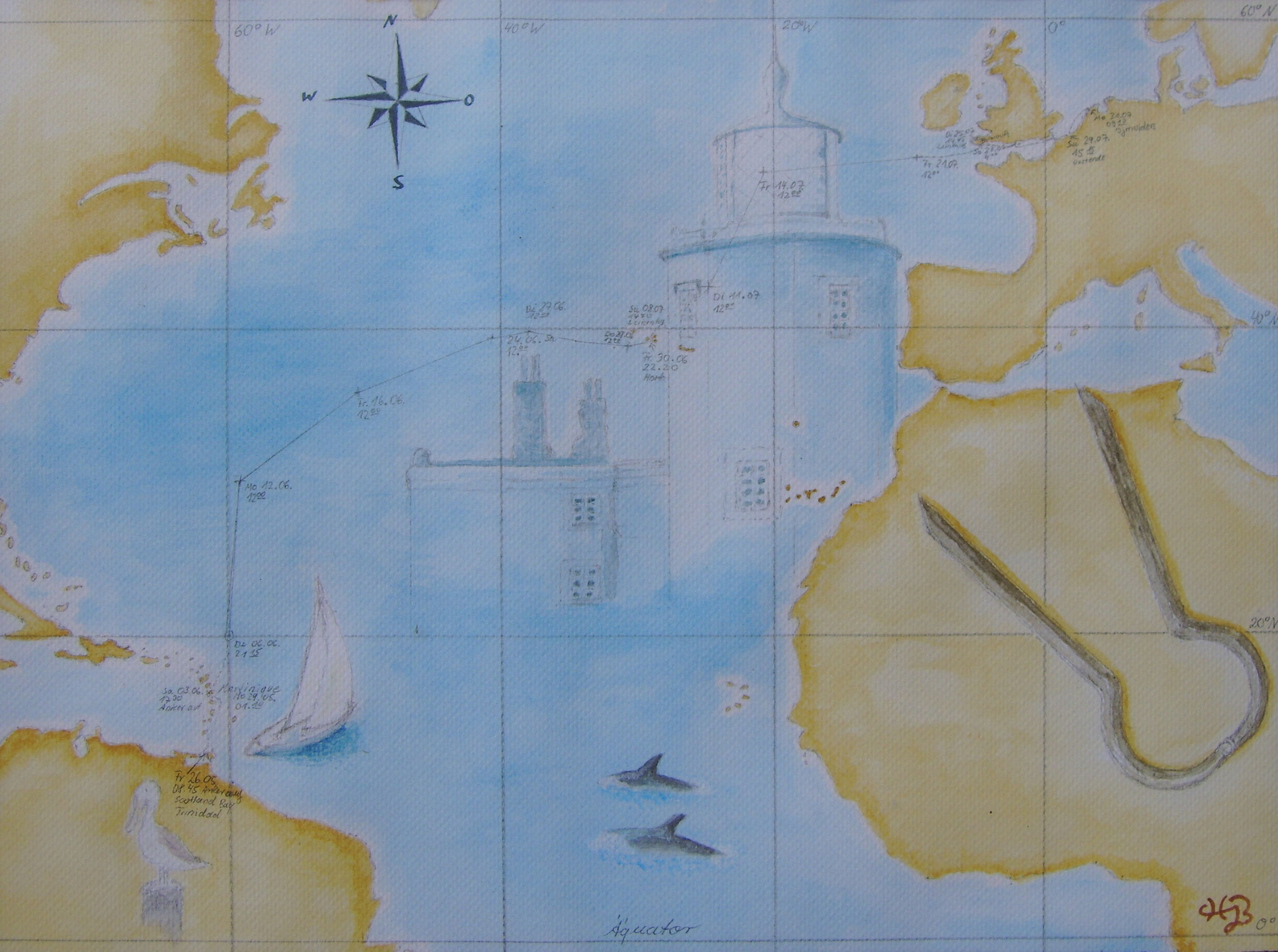 Unter Segel von Trinidat nach Ijmuiden (NL), 2006, Aquarell, 40 x 30 cm