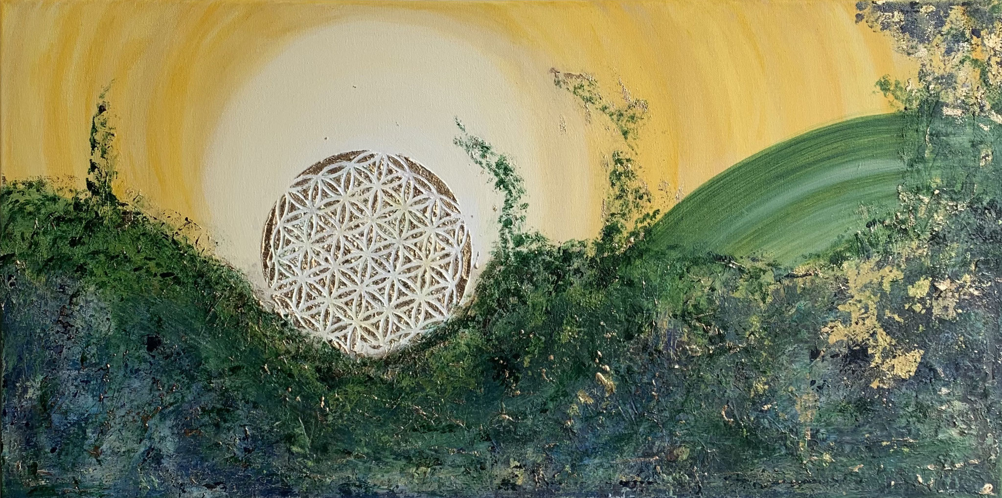 "Aufstieg", 40x 80 cm Sumpfkalk Marmormehl Mix mit Blattgold auf Leinwand