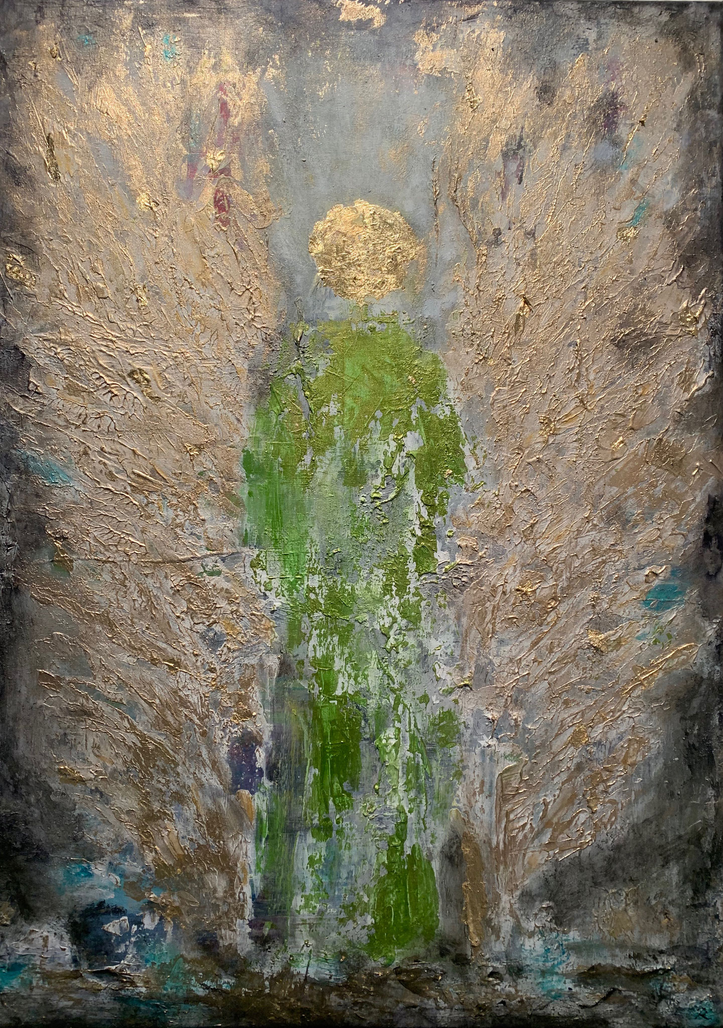 "Guardian Angel", Acryl-Struktur mit 24 Karat Blattgold auf Leinwand, sold