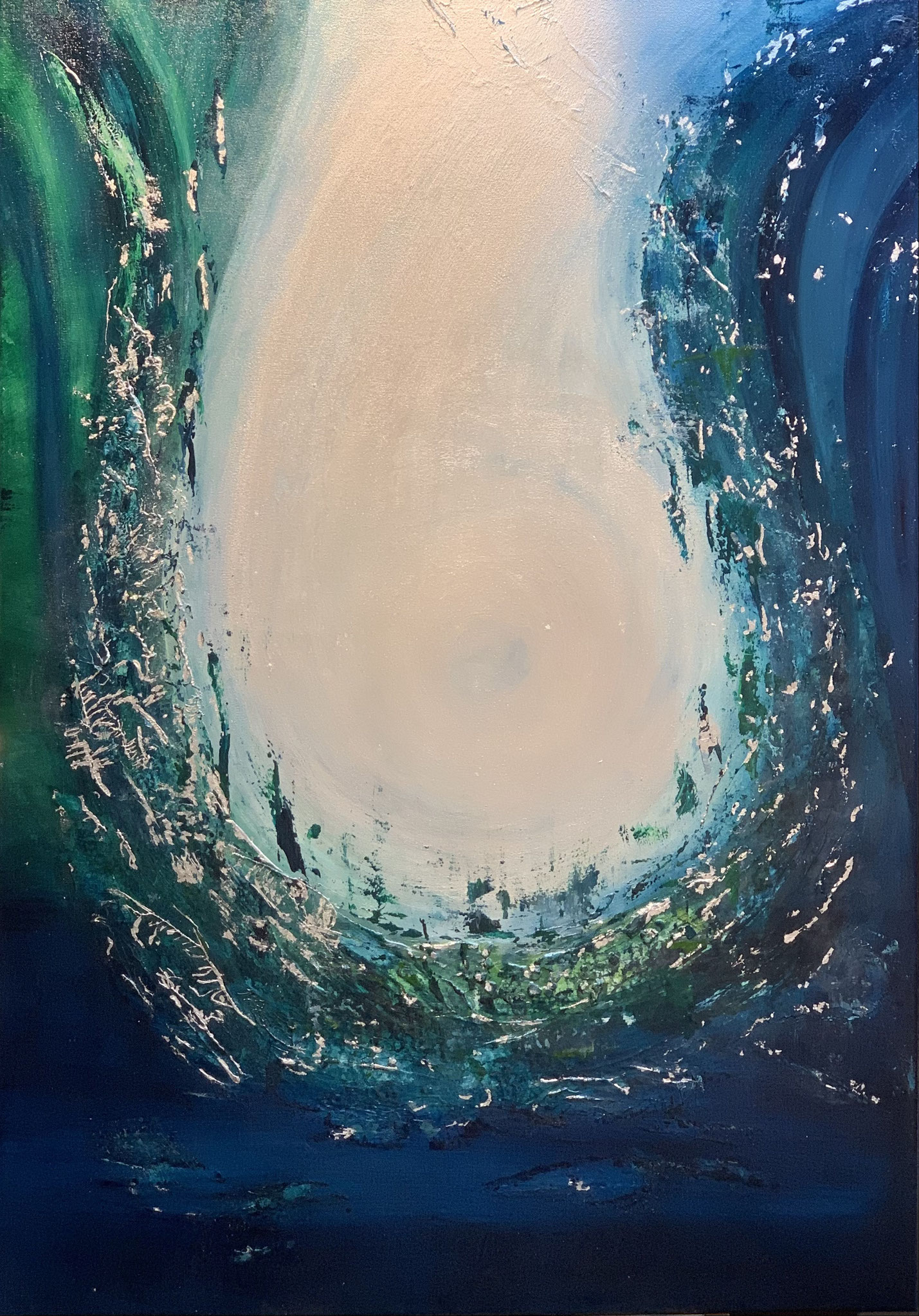 "Impact of Consciousness"  70 x 100cm Acrylmix mit echtem Blattsilber und Sumpfkalkstruktur auf Leinwand, sold