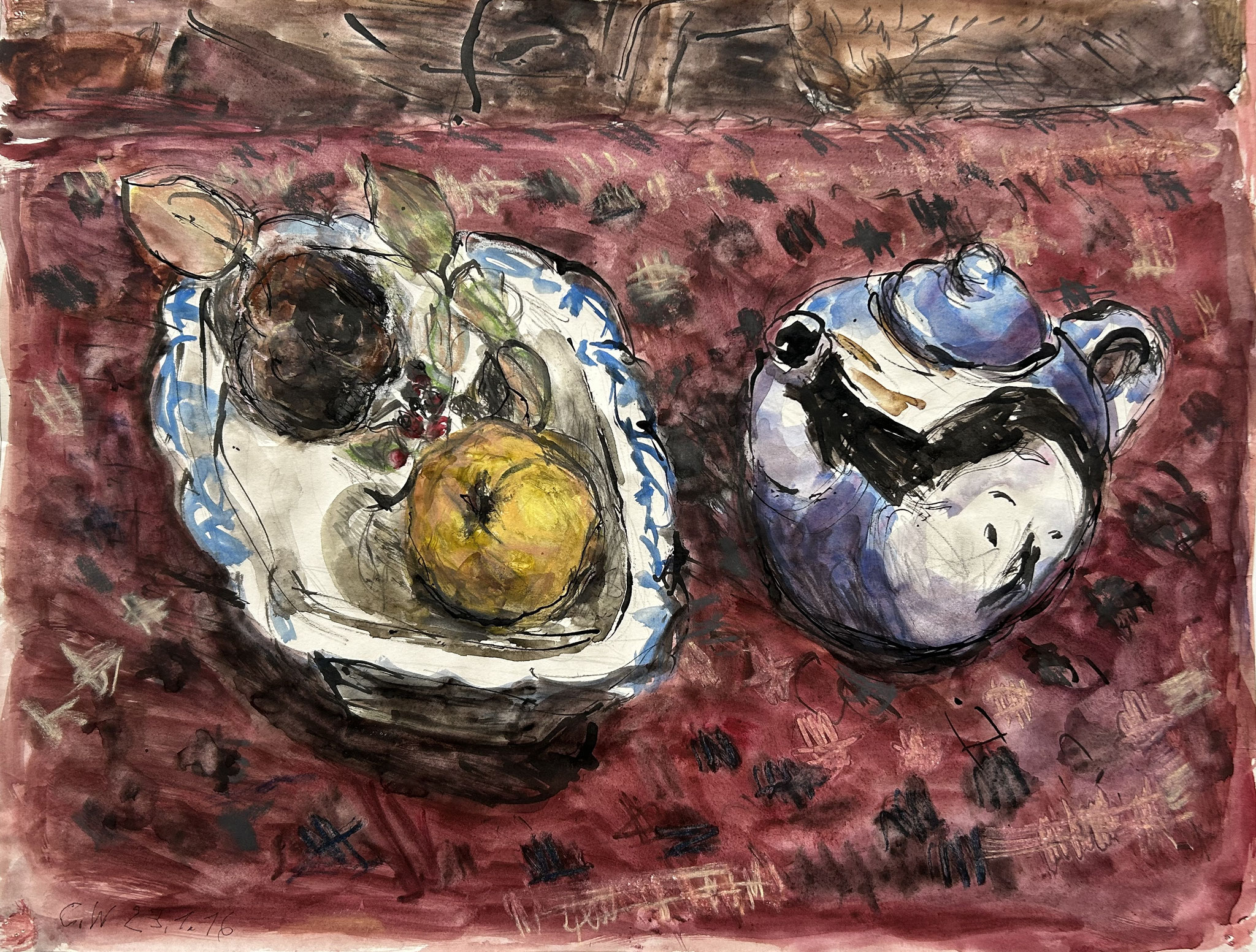 Christine Wahl, Stillleben mit Quitten und Kanne, 2016, Mischtechnik
