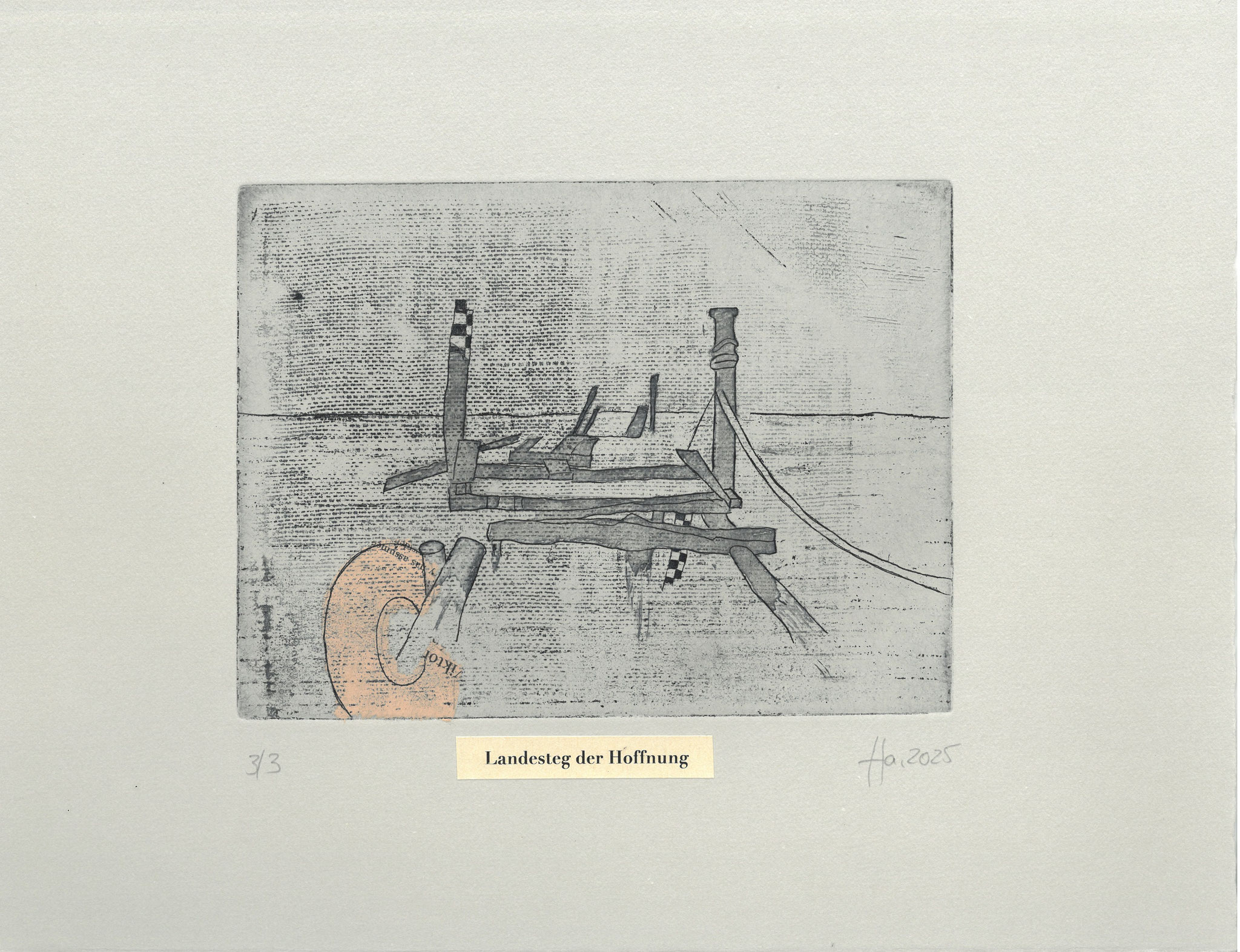 Udo Haufe, Landesteg der Hoffnung, 2025, Radierung