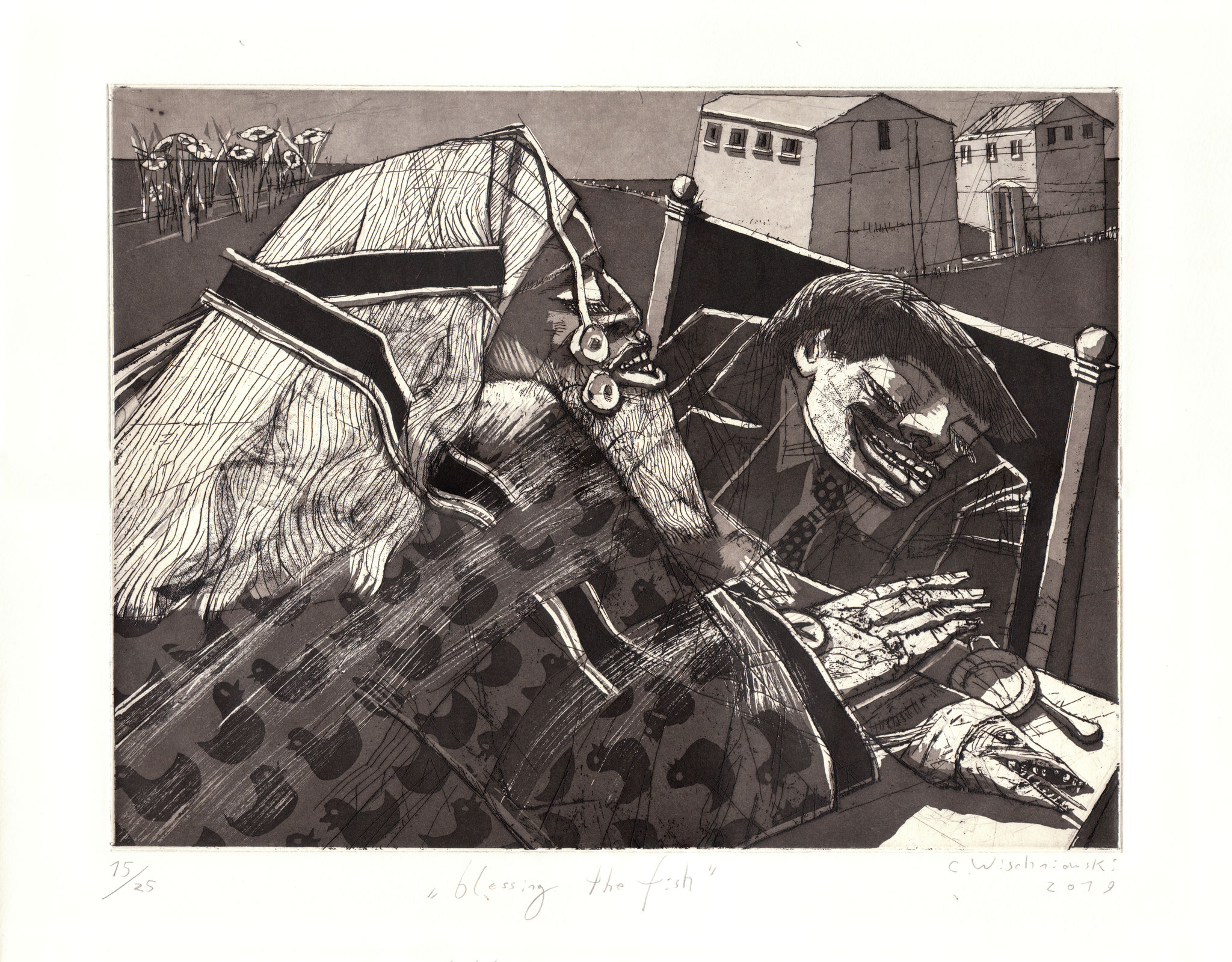 Edition 38. Dresdner Graphikmarkt 2019: Christoph Wischniowski, Blessing the fish, Ätzradierung, Aquatinta