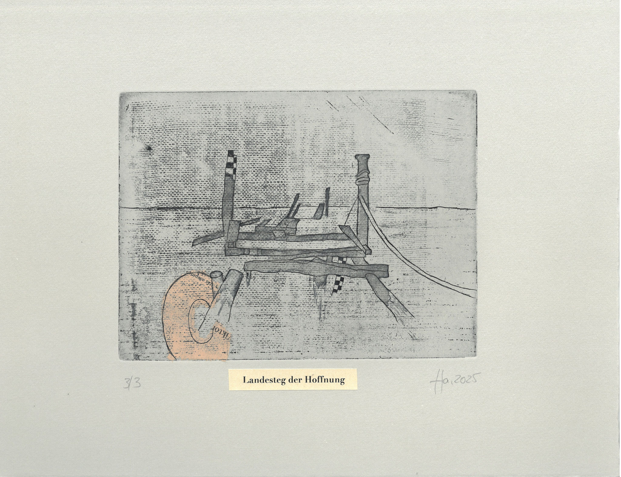 Udo Haufe, Landesteg der Hoffnung, 2025, Radierung